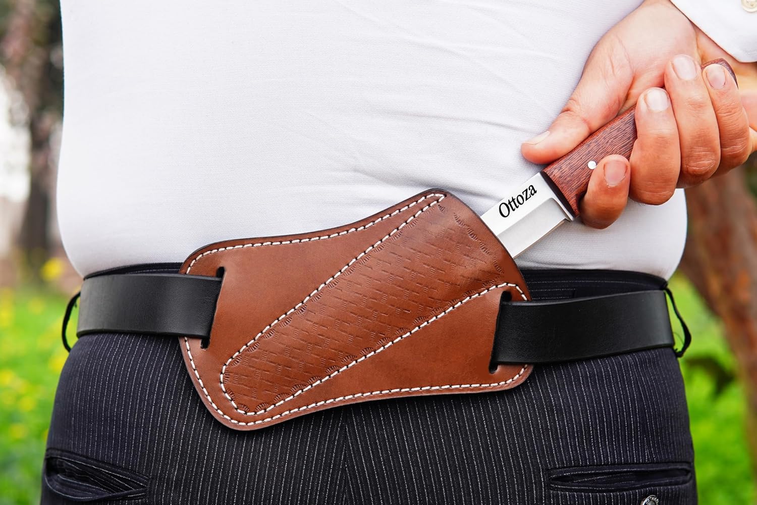 Ottoza Full Tang Bushcraft Knife with 1095 Carbon Steel Fixed Blade - Survival and Outdoor Camping Knife - Ballad Wood Handle Brown Leather Sheath 404