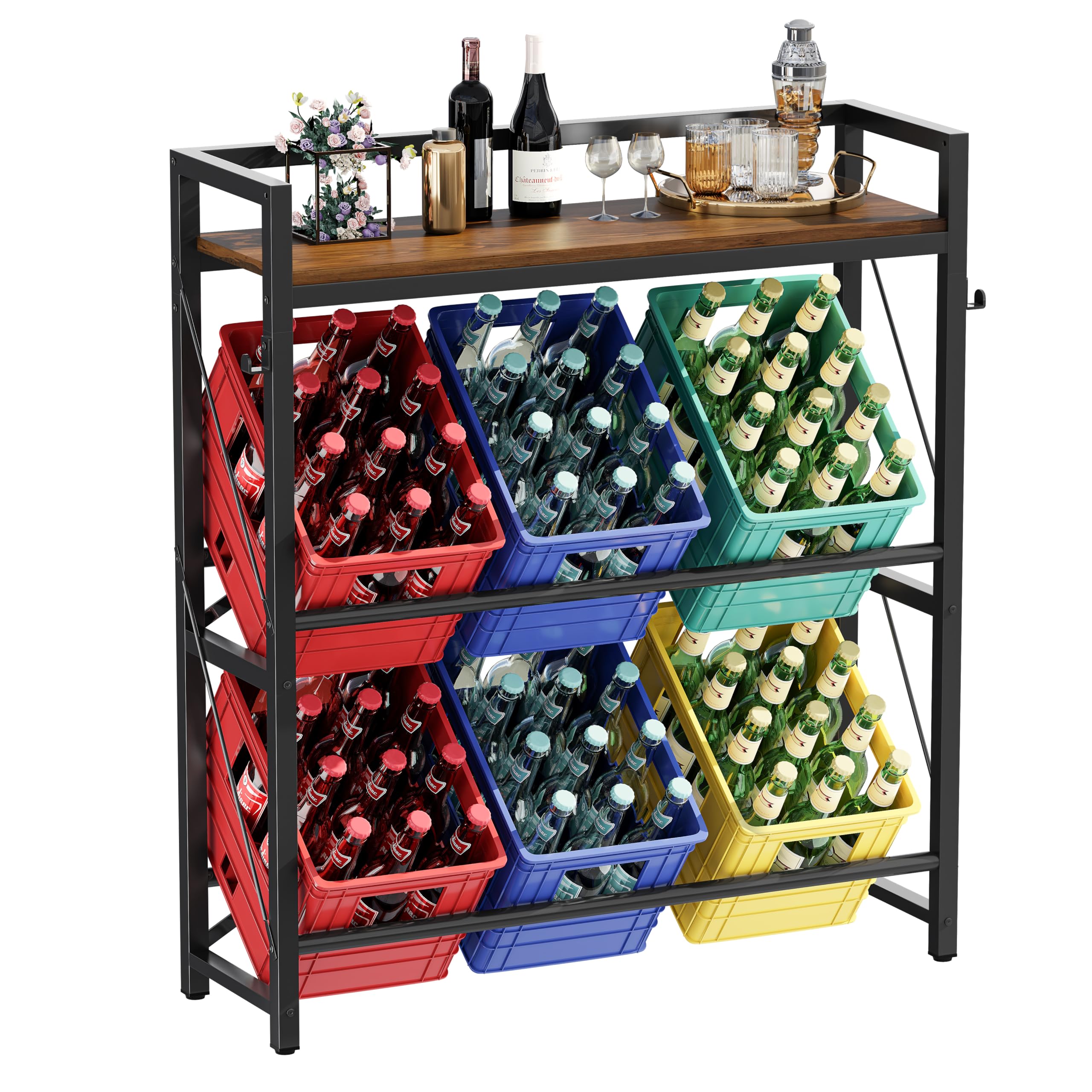 YOUDENOVA Getränkekistenregal, Getränkeregal mit Ablage für 6 Kisten, Metall kistenregal, Freistehend Kistenständer, 32D x 104W x 118H bierkastenständer, für Küche, Wohnzimmer und Keller, Braun