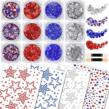 Teenitor Red White and Blue Body Glitter Gel with Face Gems Set, 4th of July Patriotic Face Glitter Hair Jewelry Stickers for Kids Women Makeup, Hair Glitter Star Face Stickers Rave Accessories