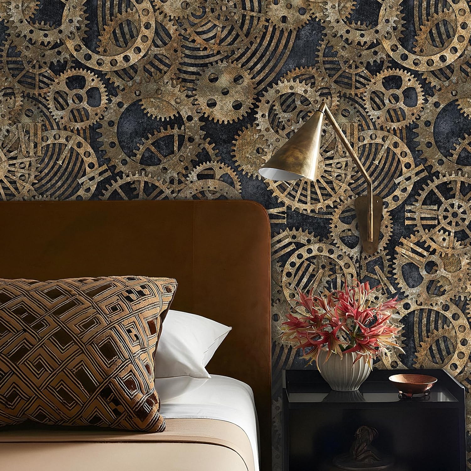 Livelynine 17.5x276" Black and Gold Peel and Stick Wallpaper Art Deco Boho Mid Century Cool Modern Geometric Wall Paper for Accent Wall Cover Bathroom Decorative Rust Metal Contact Paper Self Adhesive