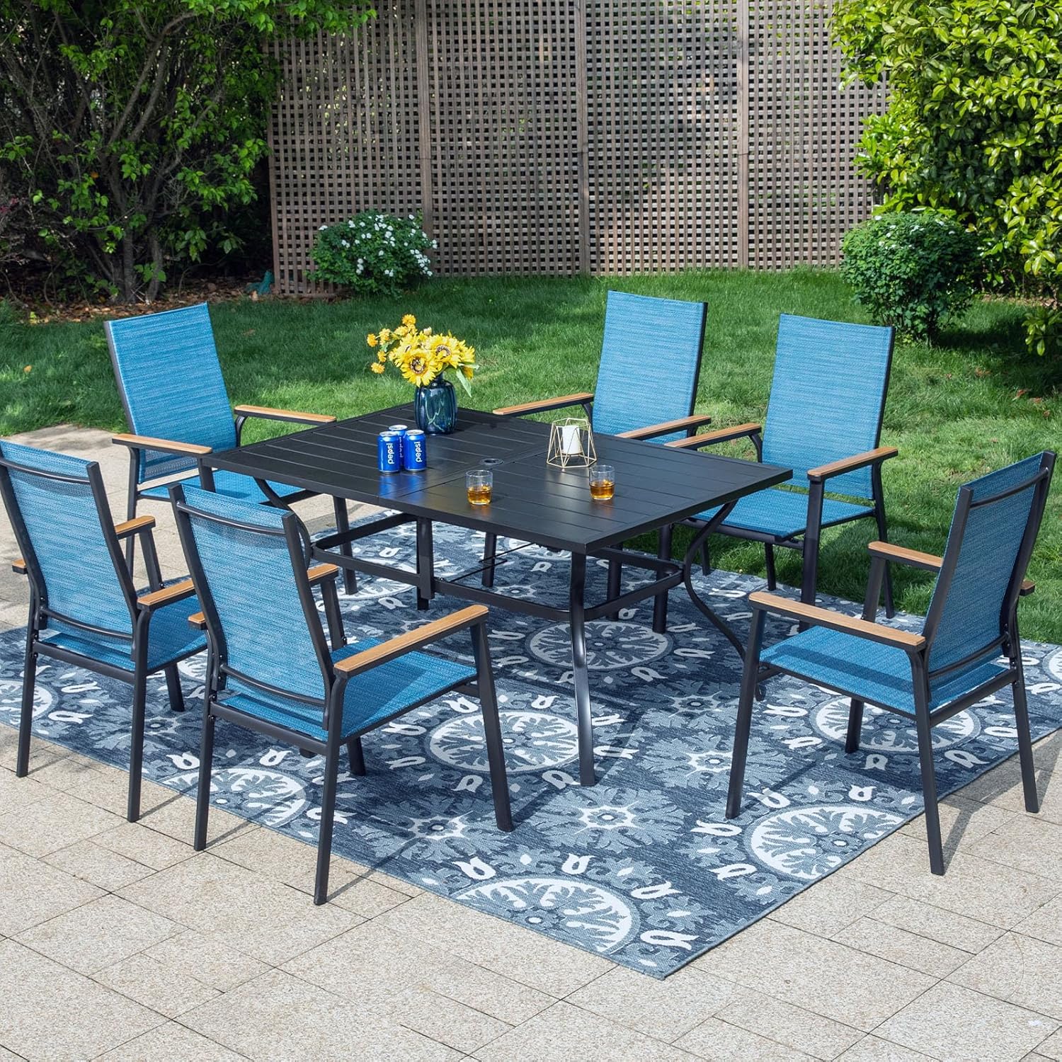 PHI VILLA 7 PCS Patio Dining Set, Aluminum Outdoor Furniture, Patio Table and Chairs for 6, Lightweight Stackable Chairs and Large Metal Dining Table with 1.57" Umbrella Hole for Garden Deck, Blue
