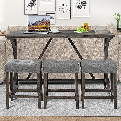 Miniatura 2 de WK696 - Juego de 4 mesas de bar con toma de corriente, mesa de bar y sillas, juego de mesa de bar con 3 taburetes acolchados para sala de estar,