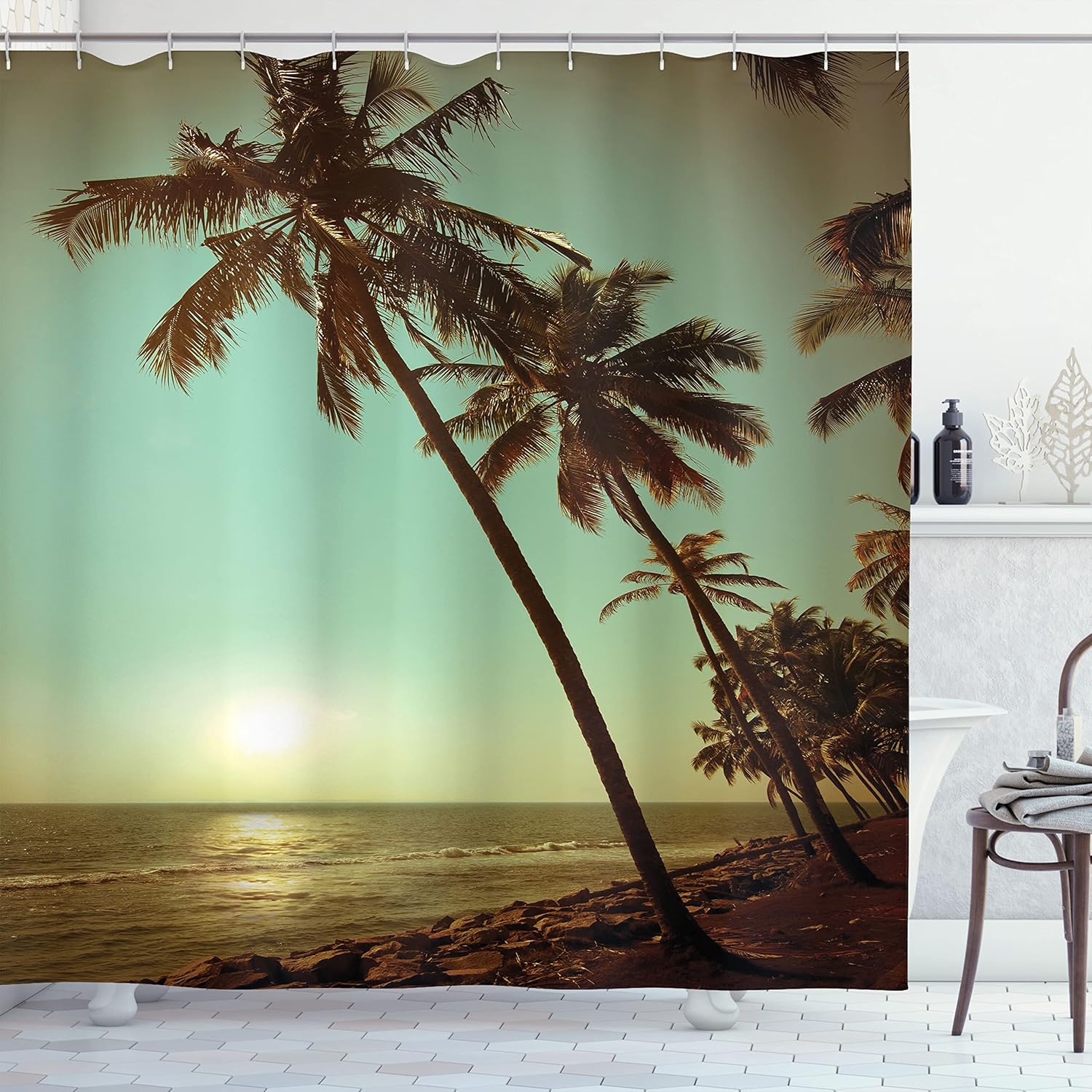 Ambesonne Palm Tree Shower Curtain, Sunset Tropical Beach Dusk on Pacific Ocean Vintage Exotic Trees Landscape Print, Cloth Fabric Bathroom Decor Set with Hooks, 69" W x 84" L, Green Brown