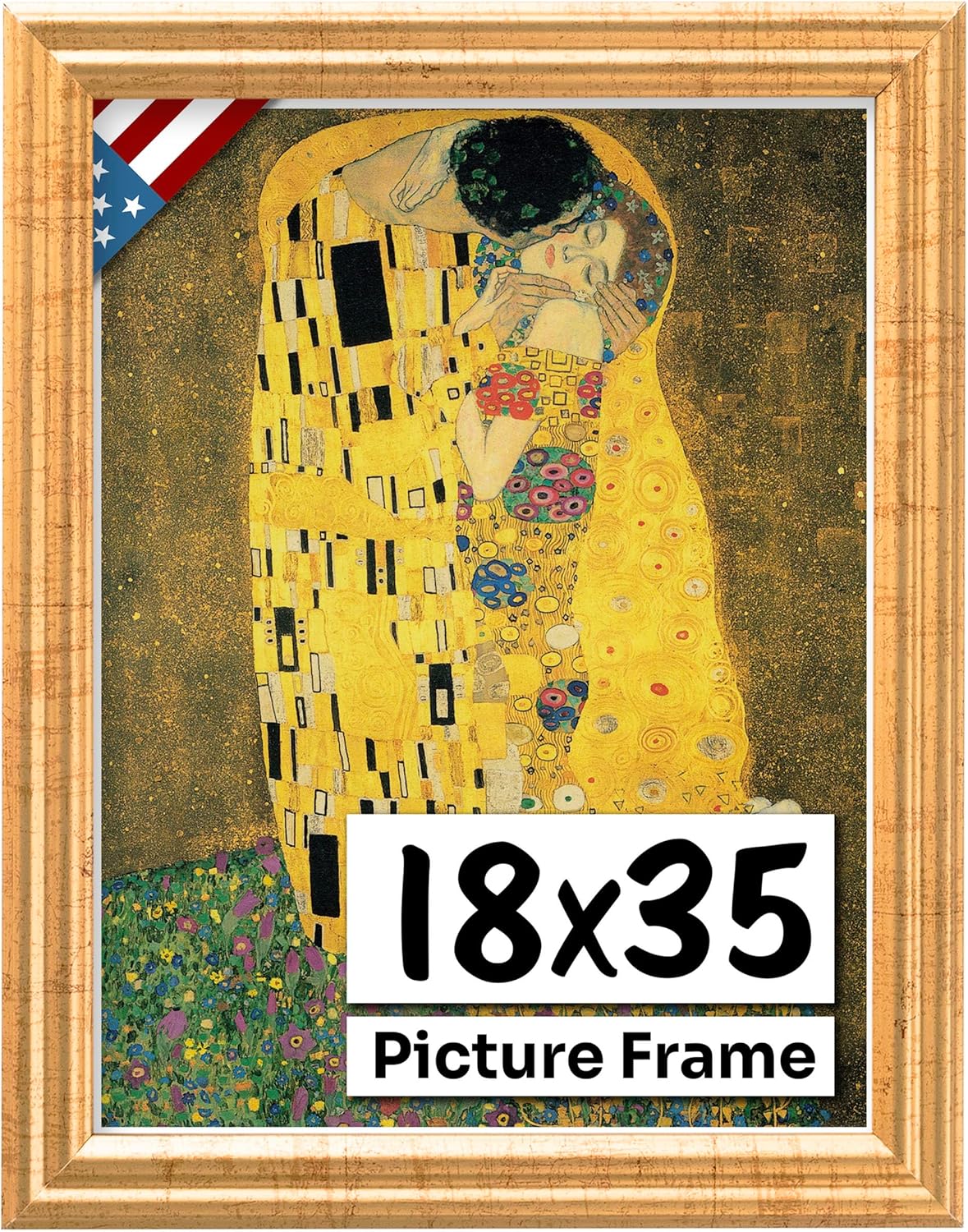 Antique Gold 18x35 Picture Frame .75" Inch Wide - Gold Wall Decor Handmade Solid Wood Frames with Preinstalled Hangers and UV Blocking Plexiglass 35x18 Frame