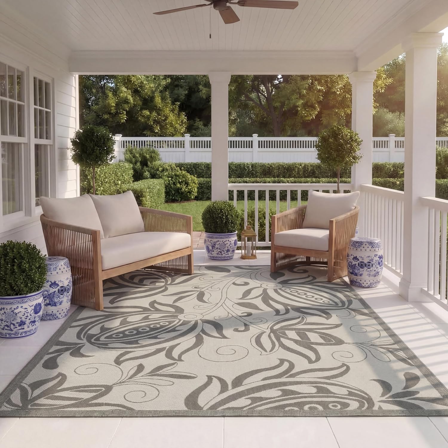 SAFAVIEH Courtyard Collection 6'7" Round Light Grey/Anthracite CY6109 Indoor/ Outdoor Waterproof Easy Cleaning Patio Backyard Mudroom Area Rug