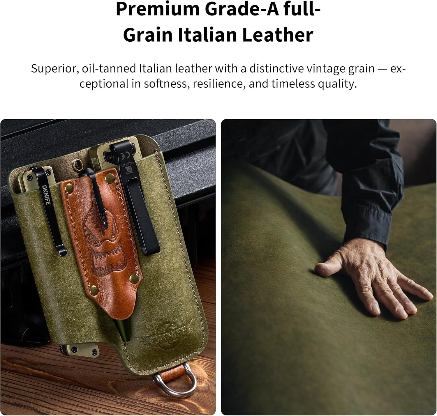 OKNIFE Osheath S1 3 in1 Leather Sheath for Flat Flashlight, Pocket Knife, Mini Pen, EDC Kit Belt Organizer for Belt with Horseshoe Buckle Keychain