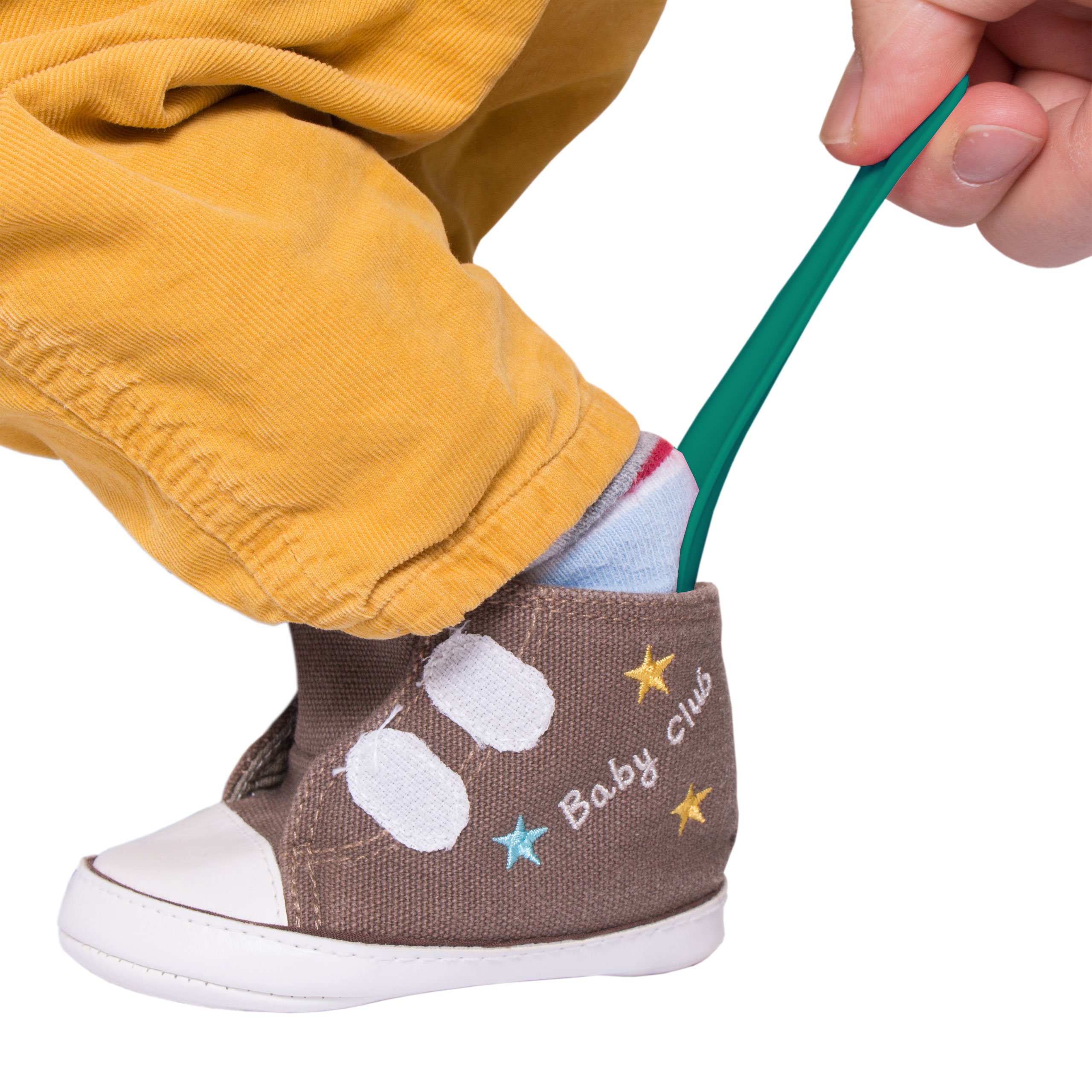 Lantelme Kinder Schuhlöffel auch für Baby | Farbe Grün | Kindgerechter kleiner Schuhanzieher aus Kunststoff 18 x 4cm | Mit fröhlicher Figur | Made in Germany (Grün