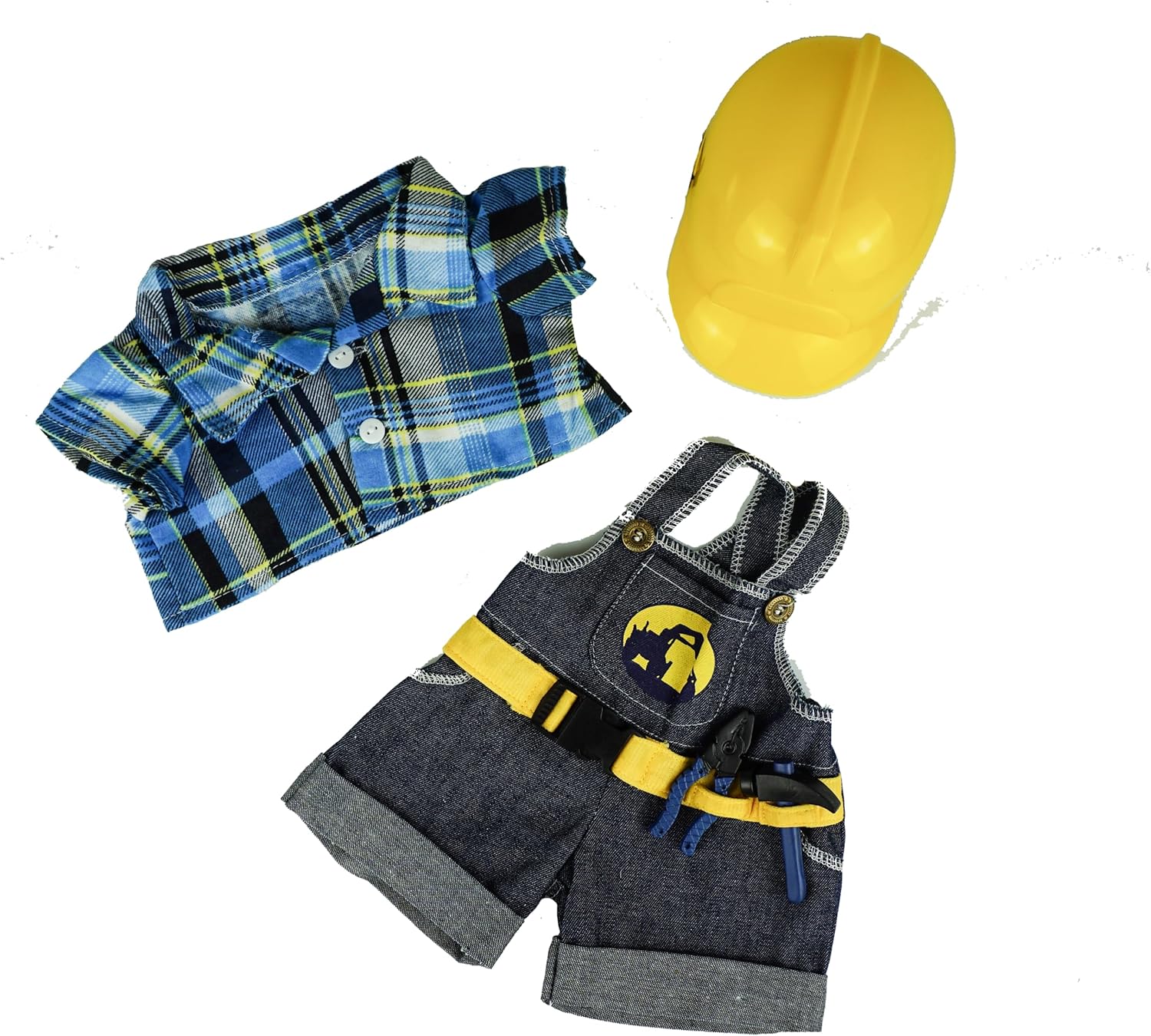 The Bear Factory Construction Worker Outfit - 3-Piece Teddy Bear Costume with Hard Hat, Plaid Shirt, & Overalls for 14"- 18" Stuffed Animals.