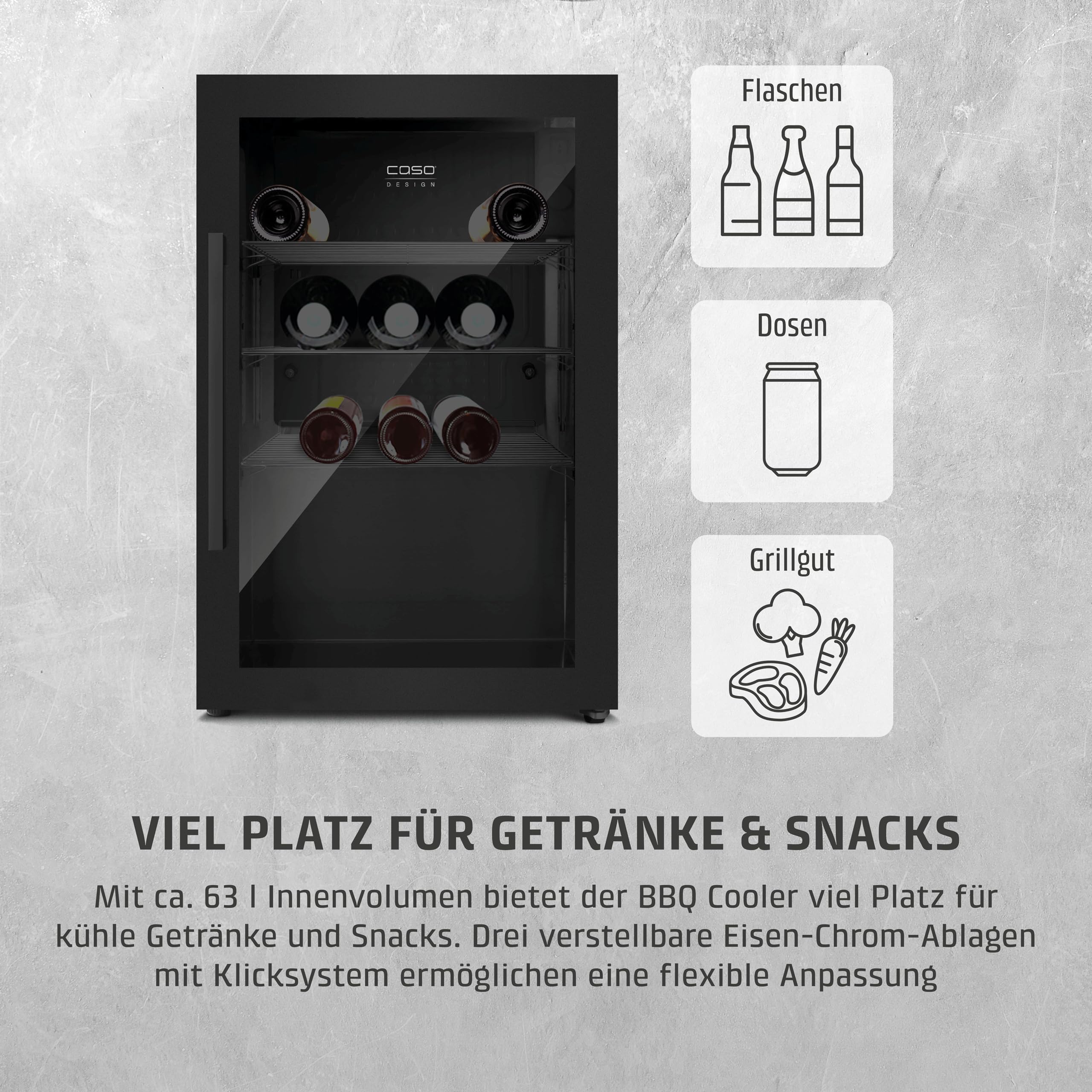 Caso BBQ Cooler S-R Black Kühlschrank 63L Türanschlag rechts Temperatur -1-10°C IPX4 Spritzwasserschutz UV Sicherheitsglas abschließbar