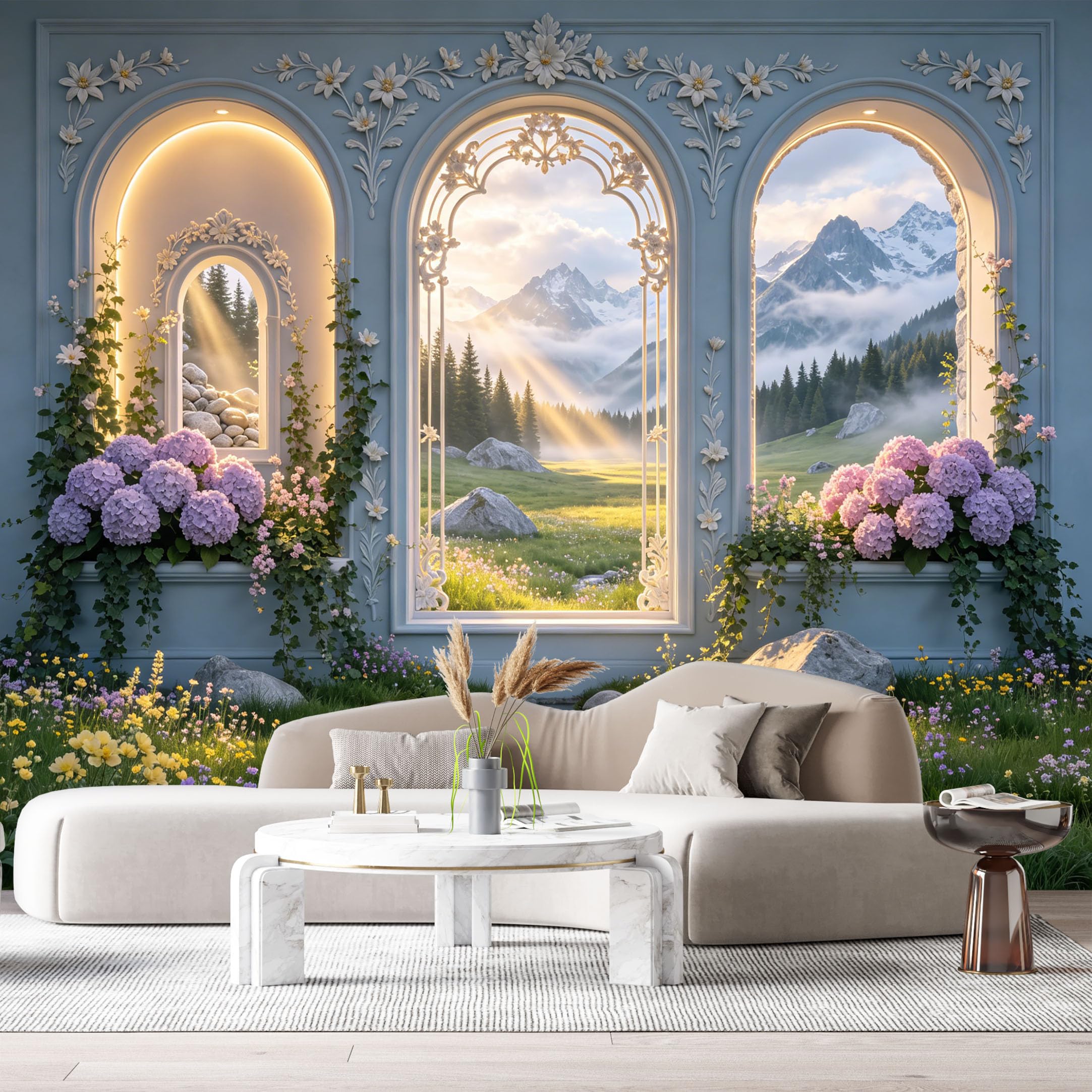Custom Size Wall Murals Arch Window Mountain Lake Landscape 3D Trompe L'Oeil Flowers SelfAdhesive Wall Fabric Removable Large Wallpaper for Photo Living Room