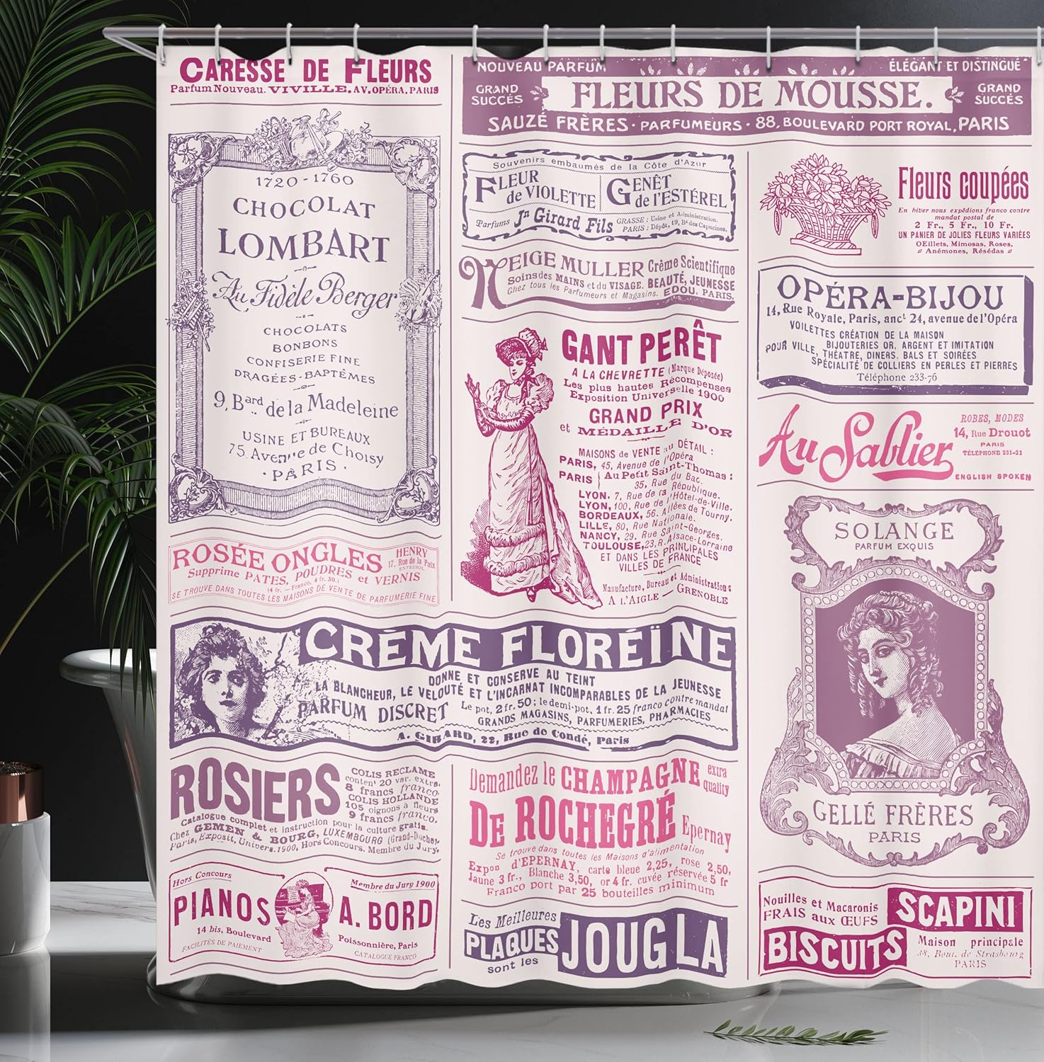 Ambesonne Old Newspaper Shower Curtain, Collage of French Advertisements for Women Ladies Nostalgic Art, Cloth Fabric Bathroom Decor Set with Hooks, 69" W x 75" L, Magenta Purple