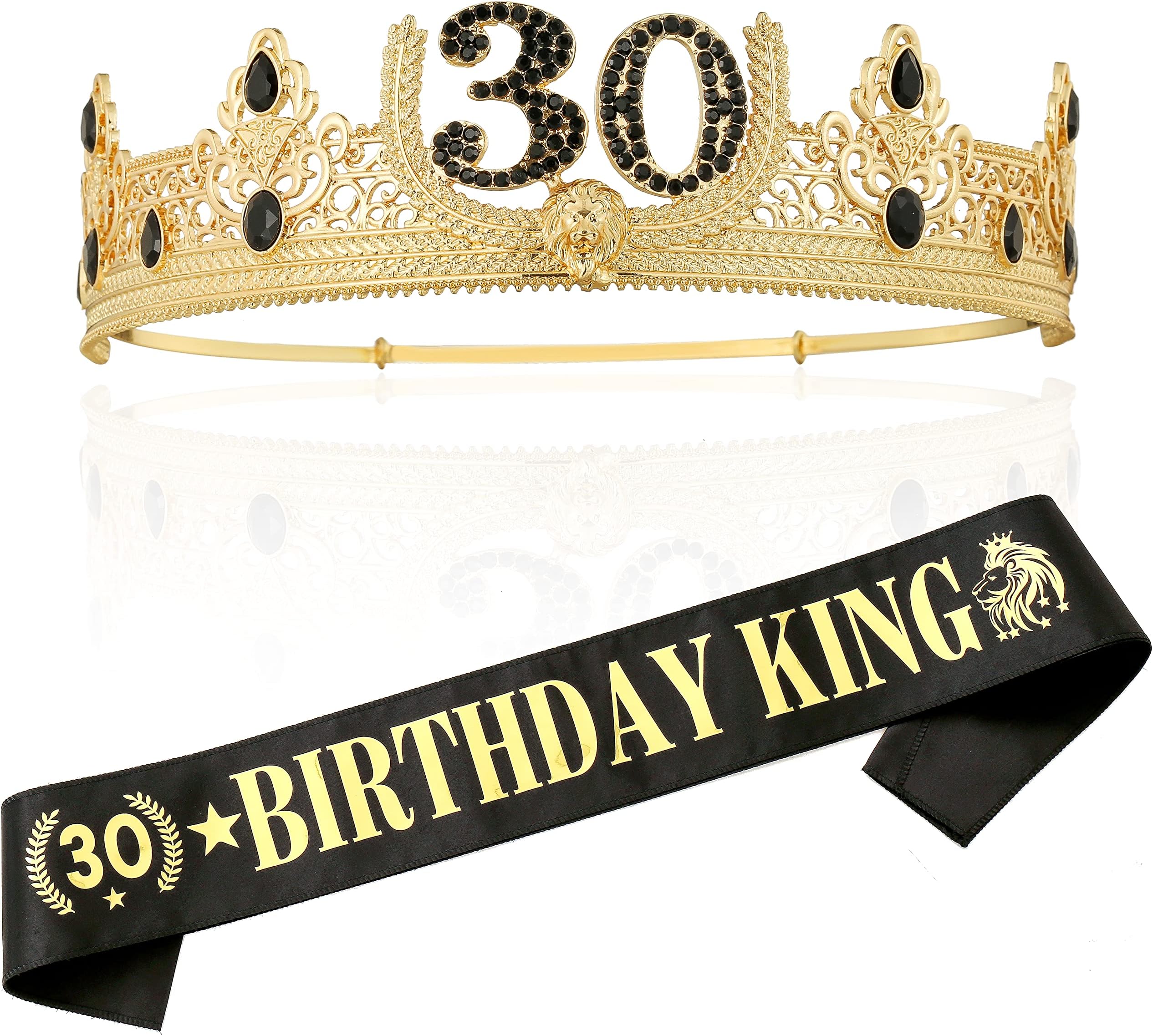 30TH Birthday King Crown and Birthday King Sash,30TH Birthday Gifts for Men. Birthday Party Decoration for Men(Gold)