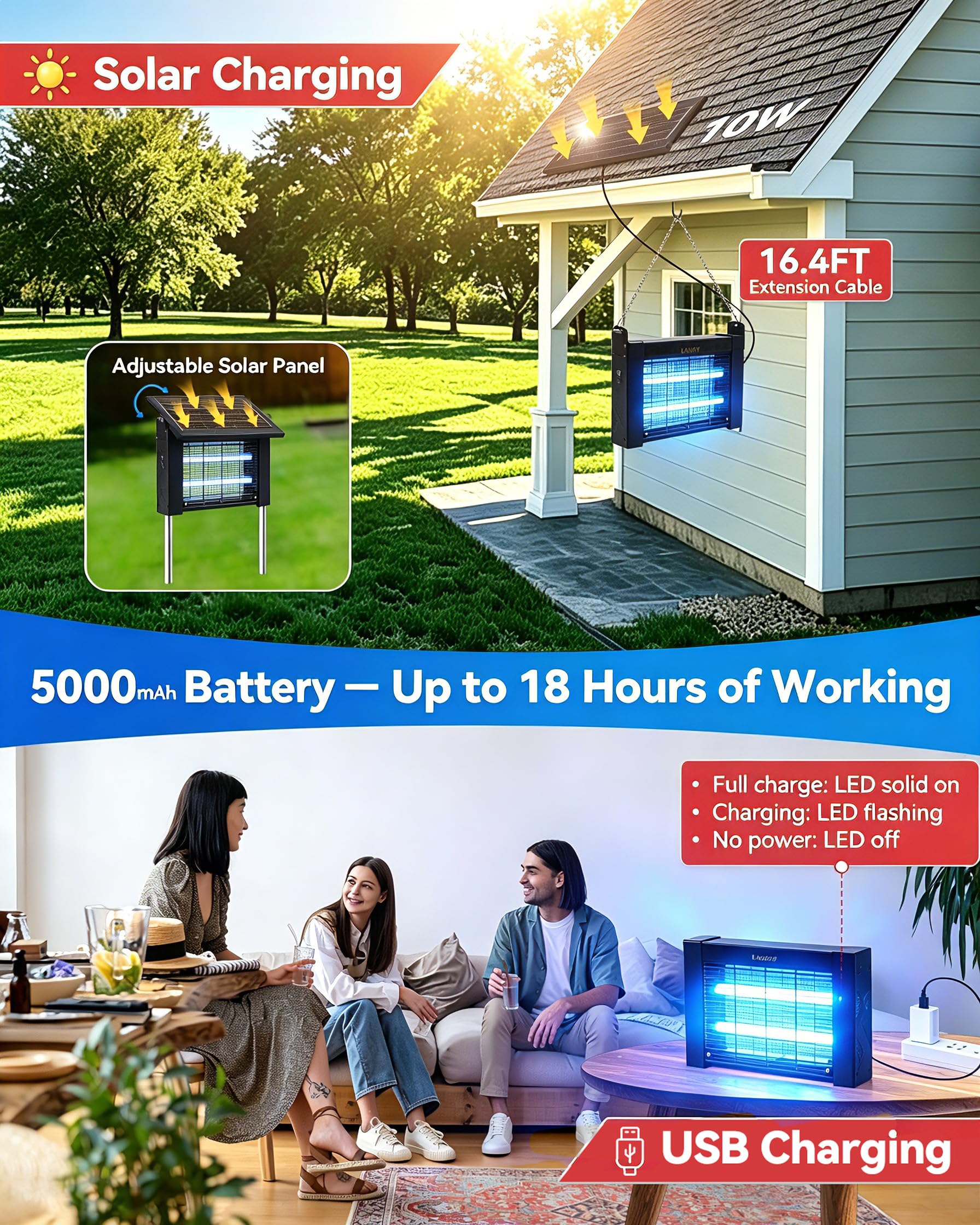 LANGY Exterminador solar de insectos de 10 W para exteriores, 4500 V, para exteriores, impermeable, con UV 365 nm, batería de 5 Ah, cable de 16.4 pies y cepillo, trampa inalámbrica recargable para