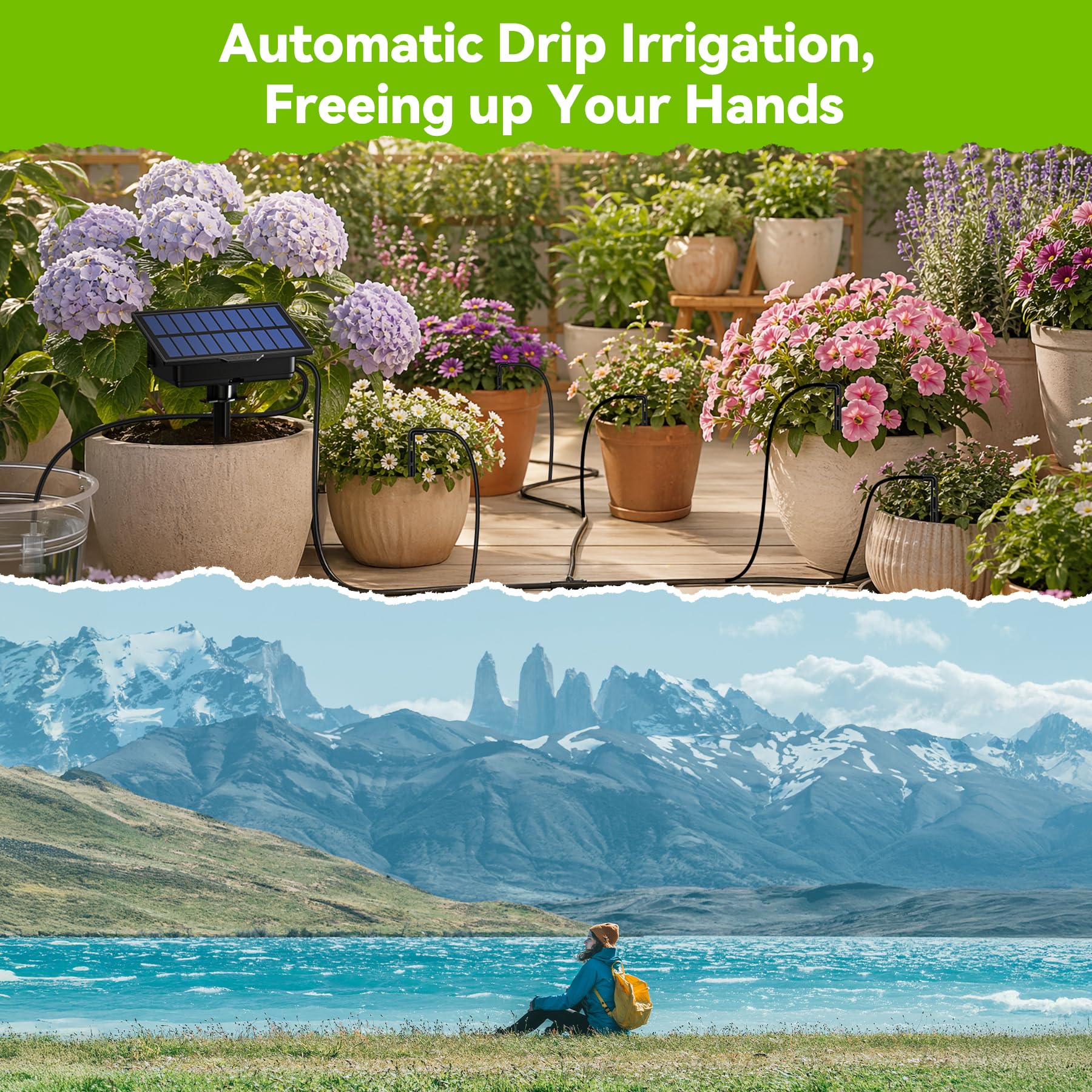RAINPOINT Solar Bewässerungssystem Garten, Neues Schlauchdesign für gleichmäßige Wasserverteilung, Automatische Tropfbewässerungs-Kit balkon mit 90 Timer-Modi +15 M Schlauch, Anti-Siphon, 30L/H