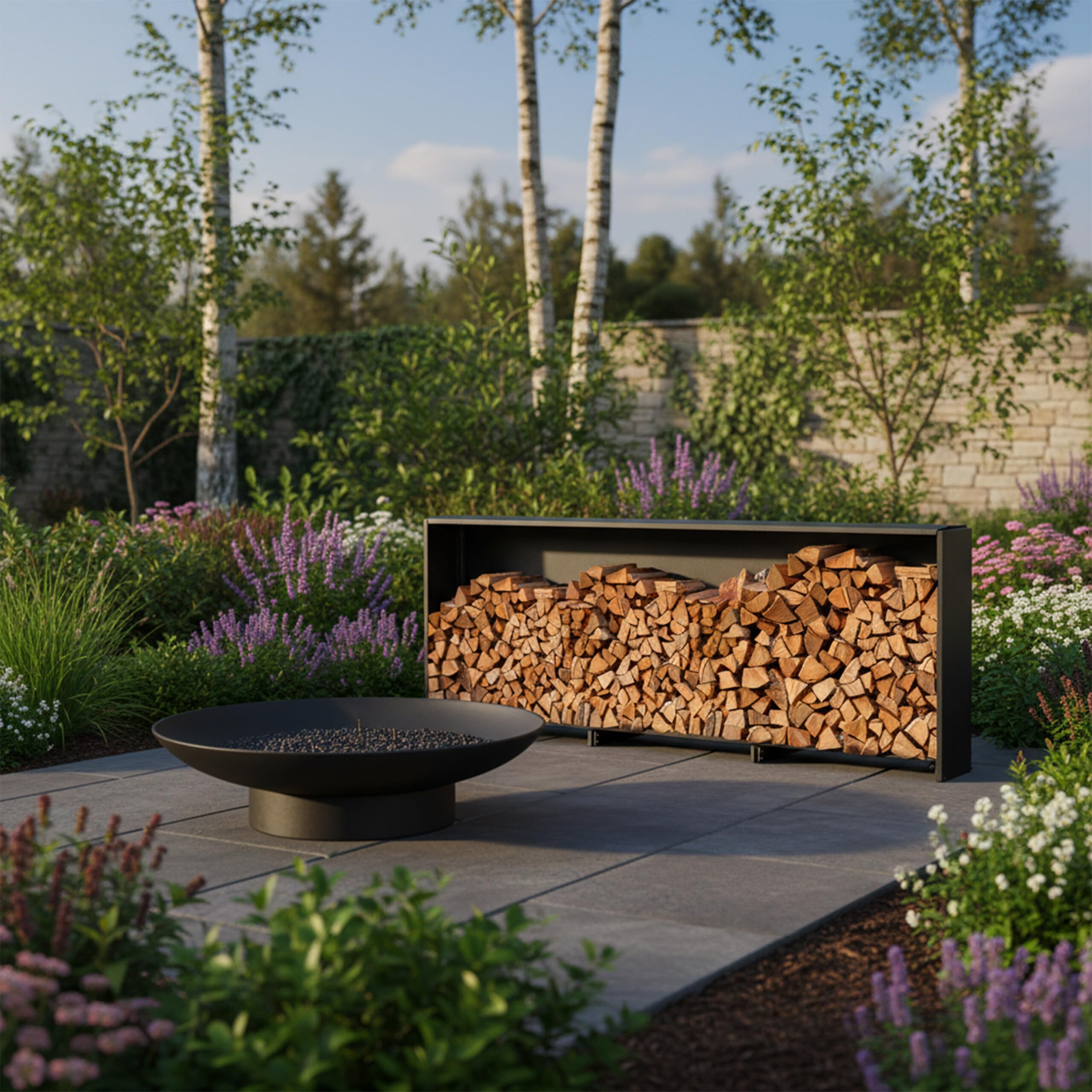 Relaxdays Range-bûches avec Protection, pour bûches à partir de 25 cm, Support en Fer, HxLxP : 110 x 322 x 29 cm, Noir