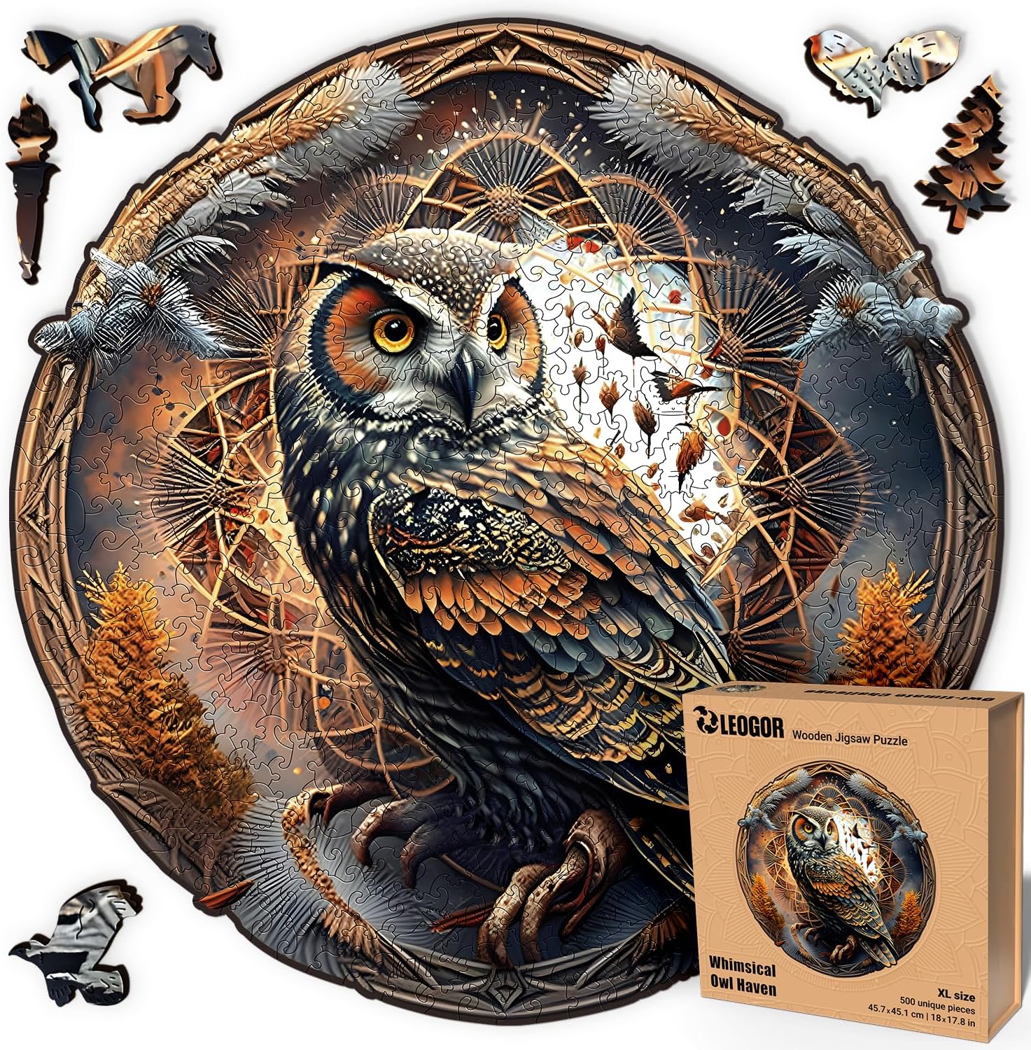 LEOGOR Wooden Puzzles for Adults, Extra-Thick 5 mm Wood Round Owl Puzzle 500 Pieces (18 × 17.8 in), Large Beautiful Mosaic Mandala Jigsaw Puzzle with Odd Shaped Pieces, Unique Gift for Adults