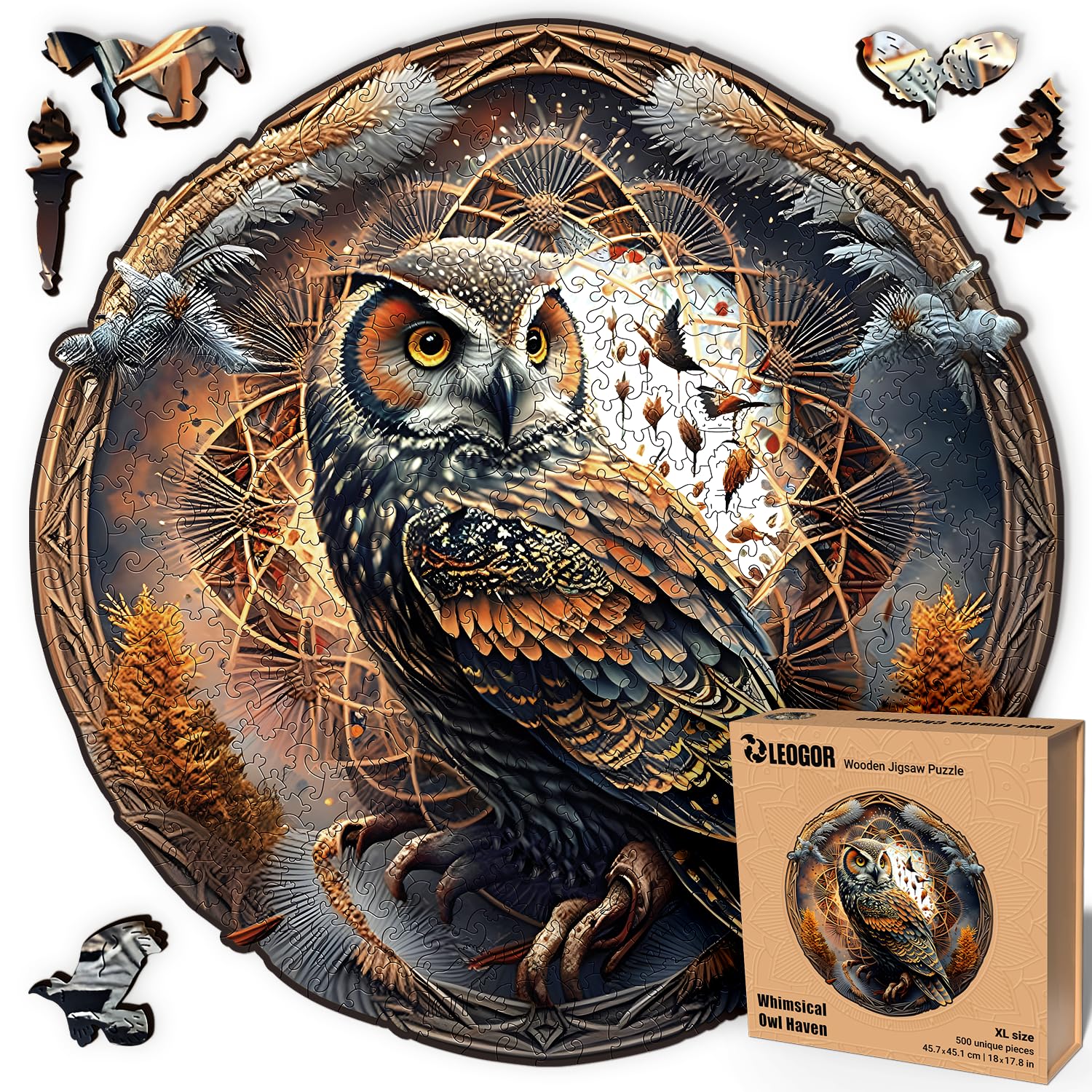 LEOGOR Wooden Jigsaw Puzzles for Adults 500 Pieces (17.8 x 17.8 in), Galactic Enigma Sun Moon Puzzle, Extra-Thick 5mm Wood, Unique Round Mosaic Puzzle with Animal Shaped Pieces, Advanced Brain Teaser