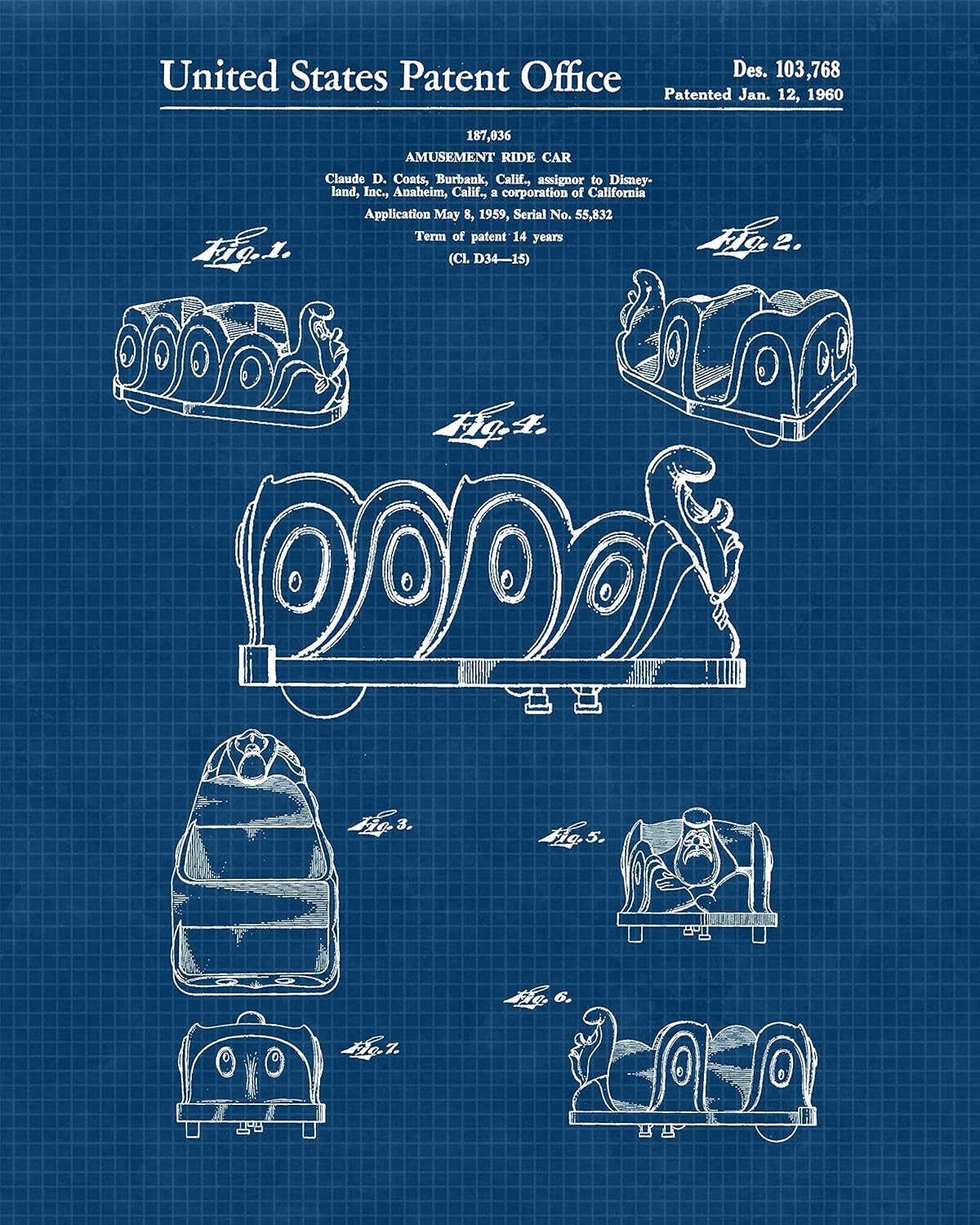 Classic Amusement Park Rides Patent Prints, 6 (8x10) Unframed Photos, Wall Art Decor for Home Disney Architecture Office Roller Coaster Construction Garage Work Shop School Student Teacher