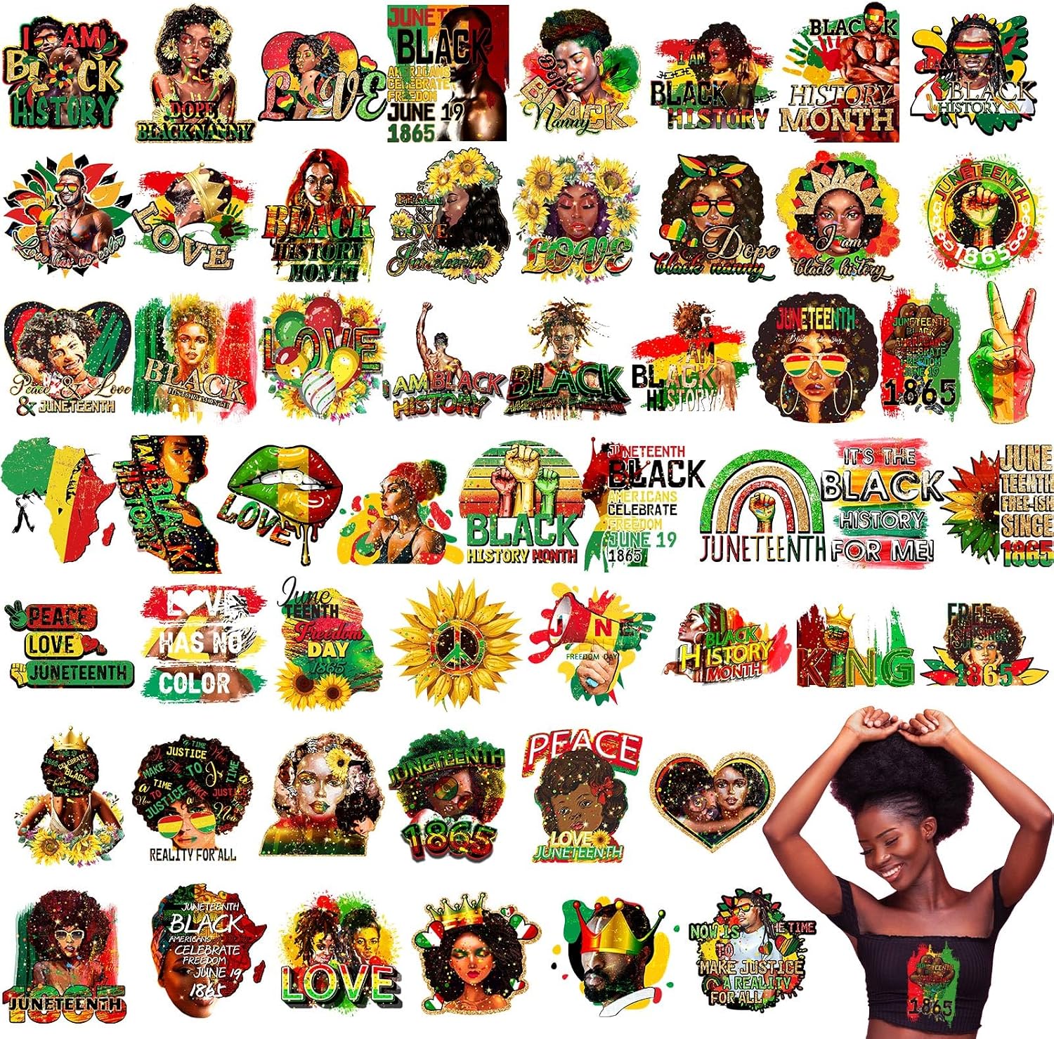 Colarr 54 Pcs Juneteenth Iron on Transfers Dtf Transfers Ready to Press, Black Women HTV Vinyl Heat Transfer Patches for Since 1865 Juneteenth Women and Men Clothes Bag DIY Craft