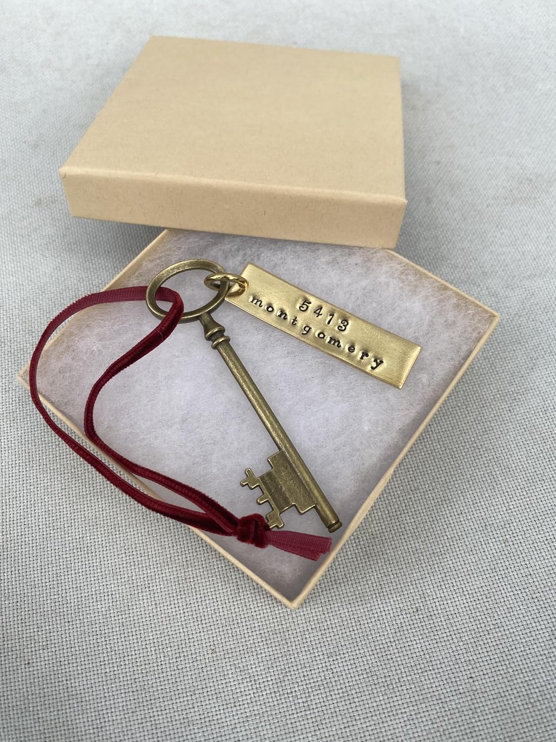 Custom New Home Ornament - Hanging Key & Address - First Christmas in New House - Realtor Client Moving Away Present - Gold Colored Skeleton Key Tree Decoration