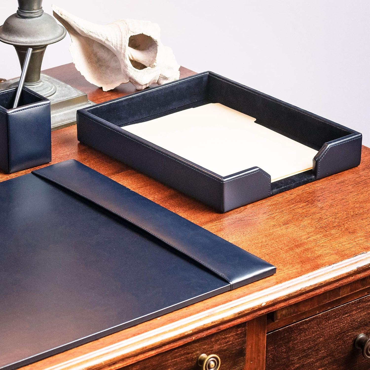 DACASSO Bonded Leather Desktop Letter Tray - Luxury Letter Holder & Paper Organizer for Desk - Office Organization & Executive Desk Decor - (Navy Blue) 13.5 x 10.5 x 2