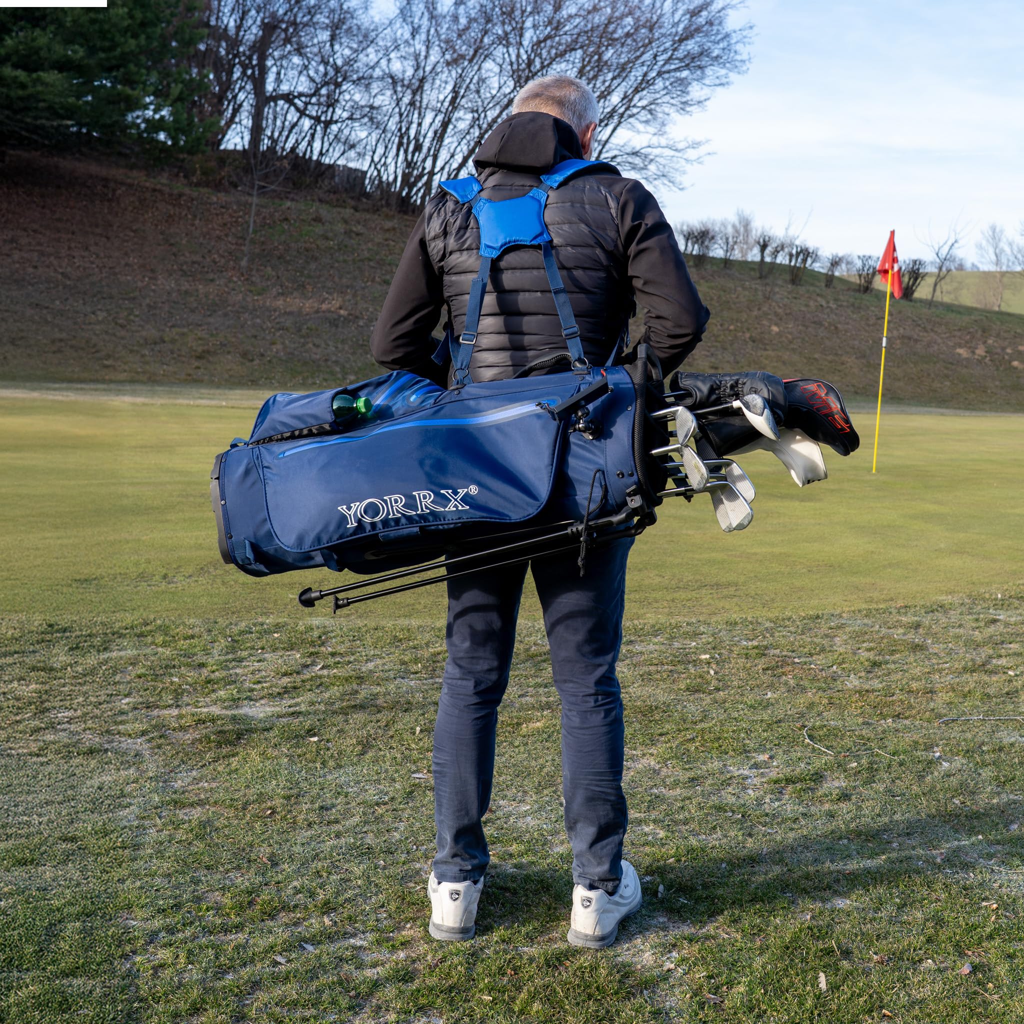 Sac de golf sur pied - Imperméable - Léger (2,4 kg) - 9 compartiments pour raquettes - Support pour téléphone portable - Compartiment isotherme - Bleu foncé - Unisexe