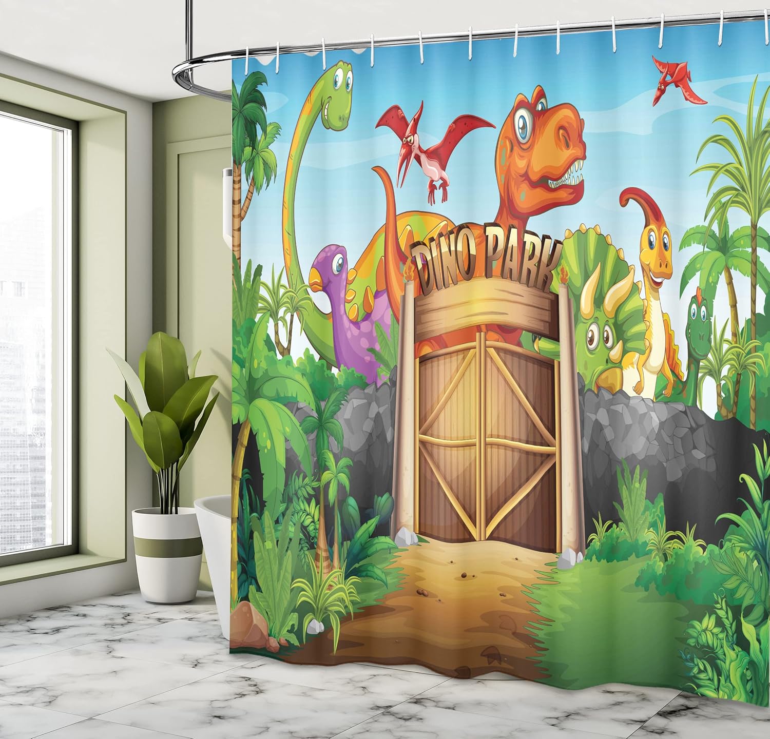 Ambesonne Zoo Shower Curtain, Dinosaurs Living in Park Cartoon Prehistoric Wildlife Forest Trees Door Illustration, Fabric Bathroom Decor Set with Hooks, 69" W x 75" L, Green Orange