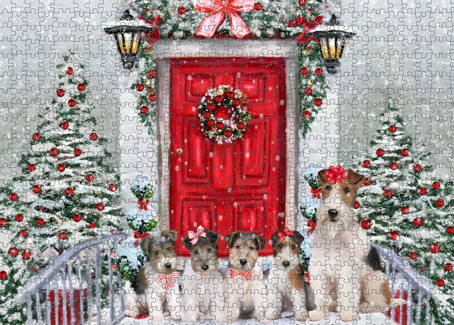 Christmas Holiday Welcome Wire Fox Terrier Dogs Jigsaw Puzzle for Adults - Animal Printed Interlocking Puzzle Game Artwork - Gift for Dog Lover's - 1000 Pcs 29.5"x19.7"