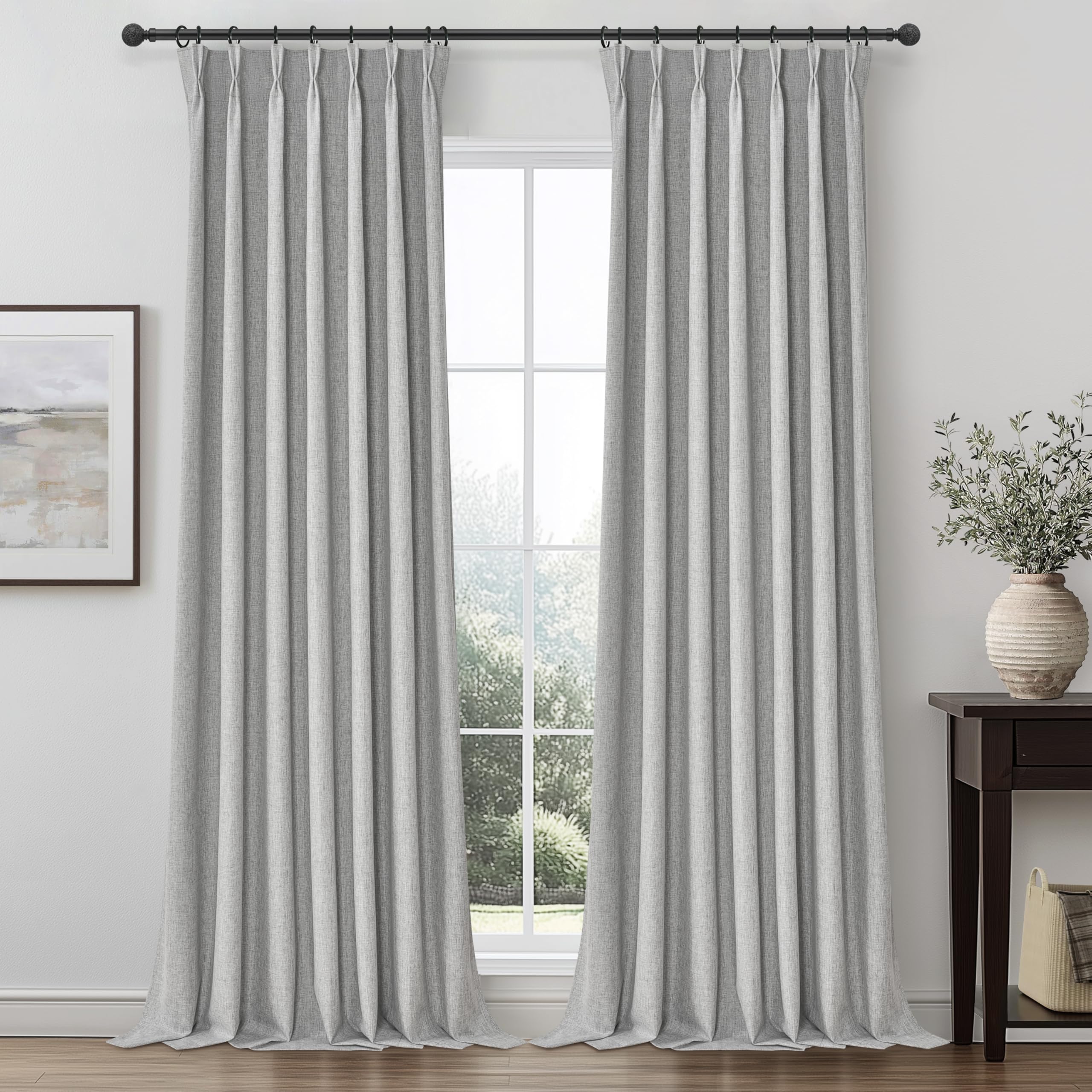 Gray Pinch Pleated 96 Inch Curtains 2 Panel Set for Living Room, Neutral Heavy Linen Blackout Window Drapes Insulated Privacy with Hooks Rings 8 FT Length Sliding Glass Door Viral Burg(40"Wx96"L Grey) — image 1