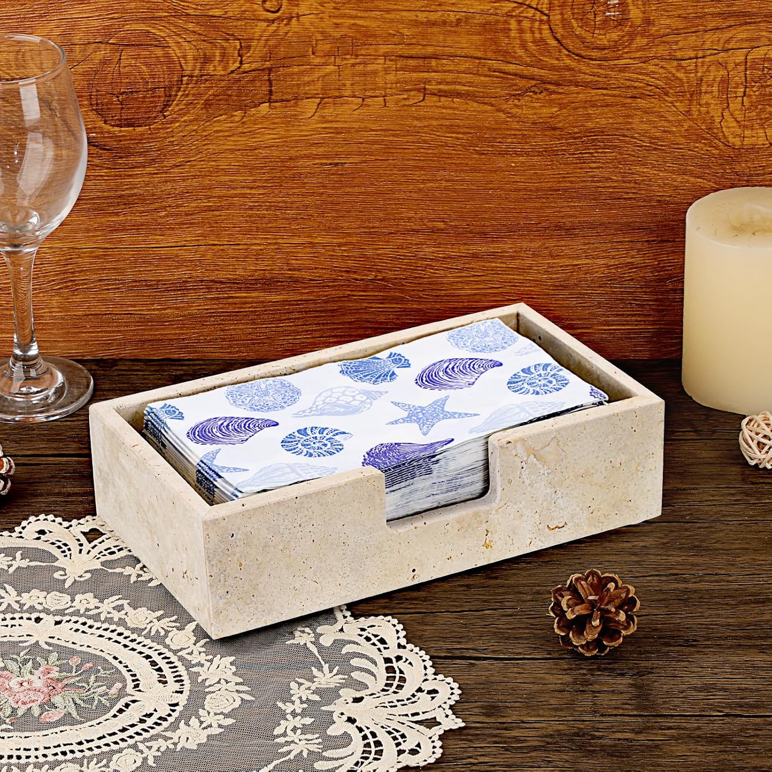 Sumnacon Guest Towel Holder for Bathroom, 9.9" x 5.6", Natural Travertine Guest Towel Napkin Holder Rectangle Paper Hand Towel Tray, Flat Dinner Napkin Holder for Table, Countertop, Bathroom Vanity - Image 2