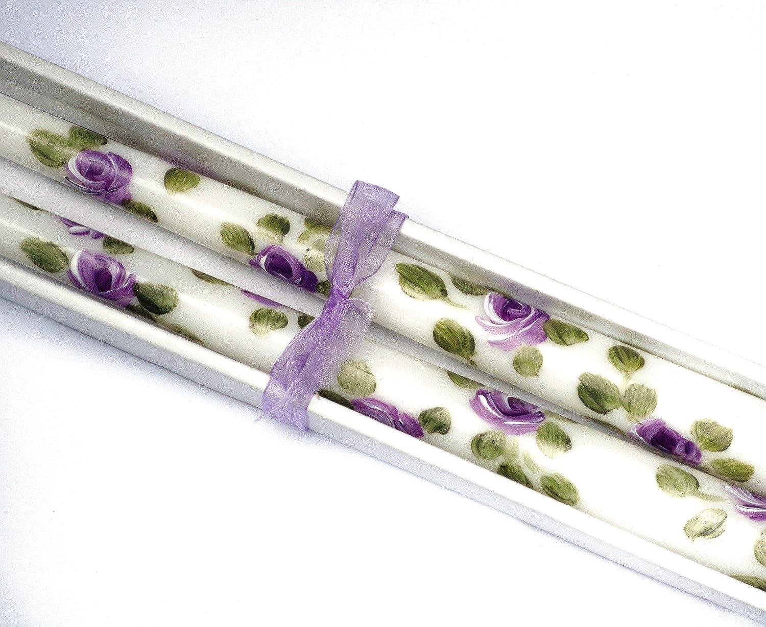 Decorative Dripless Decorated Hand Painted Purple Flower Lavender Rose Taper Candles Set Romantic Floral Decor