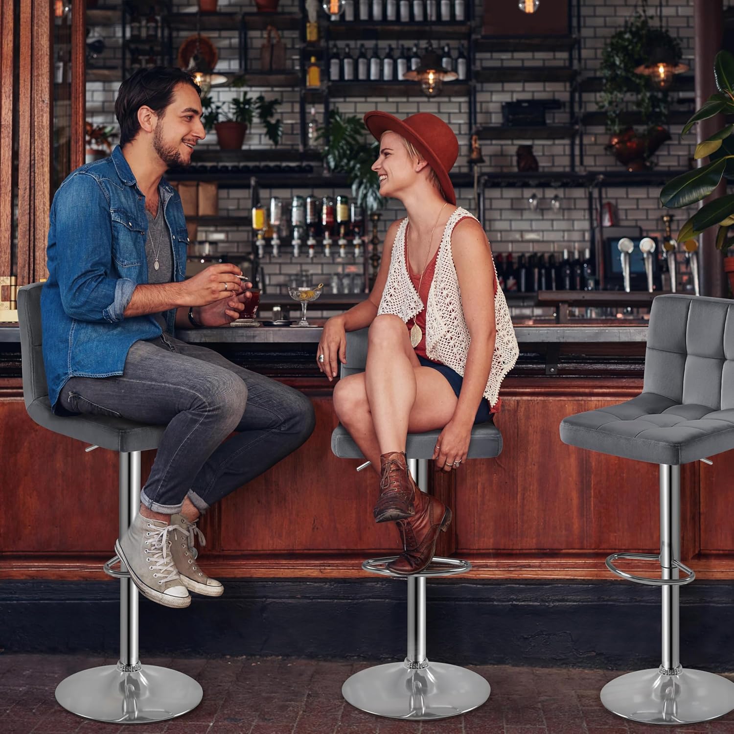 Topeakmart 2pcs Height Adjustable Modern Bar Stools Swivel Stool Chair Back Kitchen Island Counter Height Swivel Bar Stools, Velvet, Dark Grey