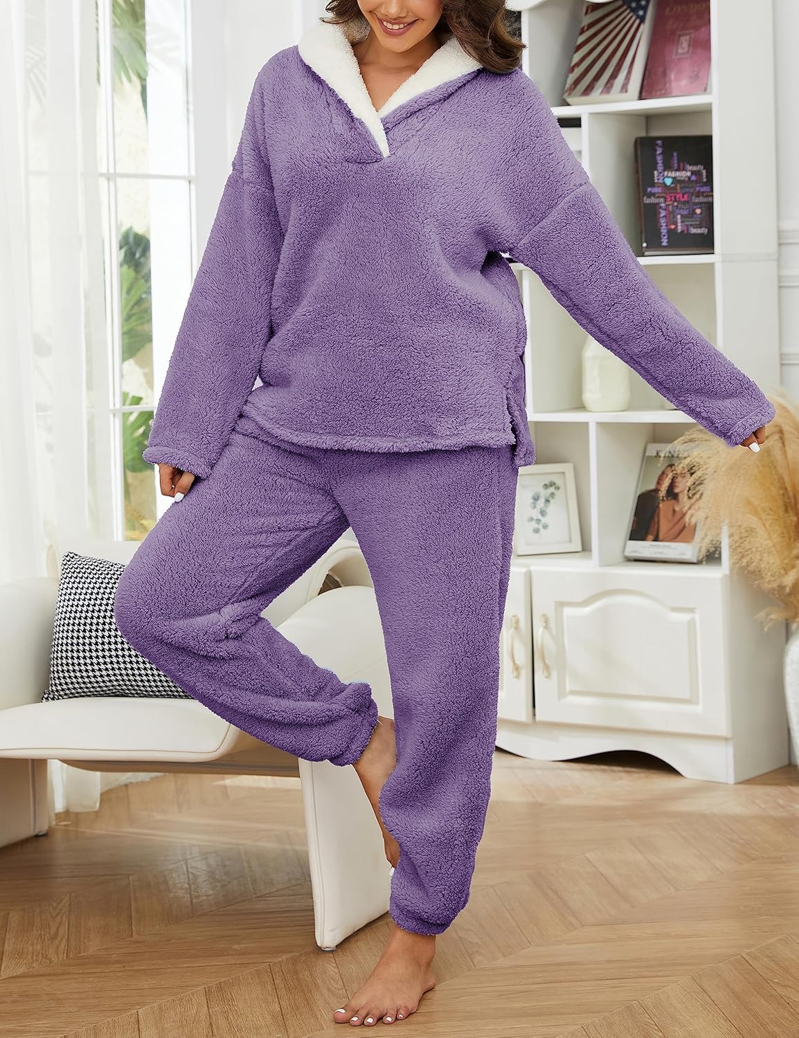 Springrain Fluffy Pajamas Set for Women Warm Fleece Pjs Set Pullover Pants Fuzzy Lounge Set - Image 4