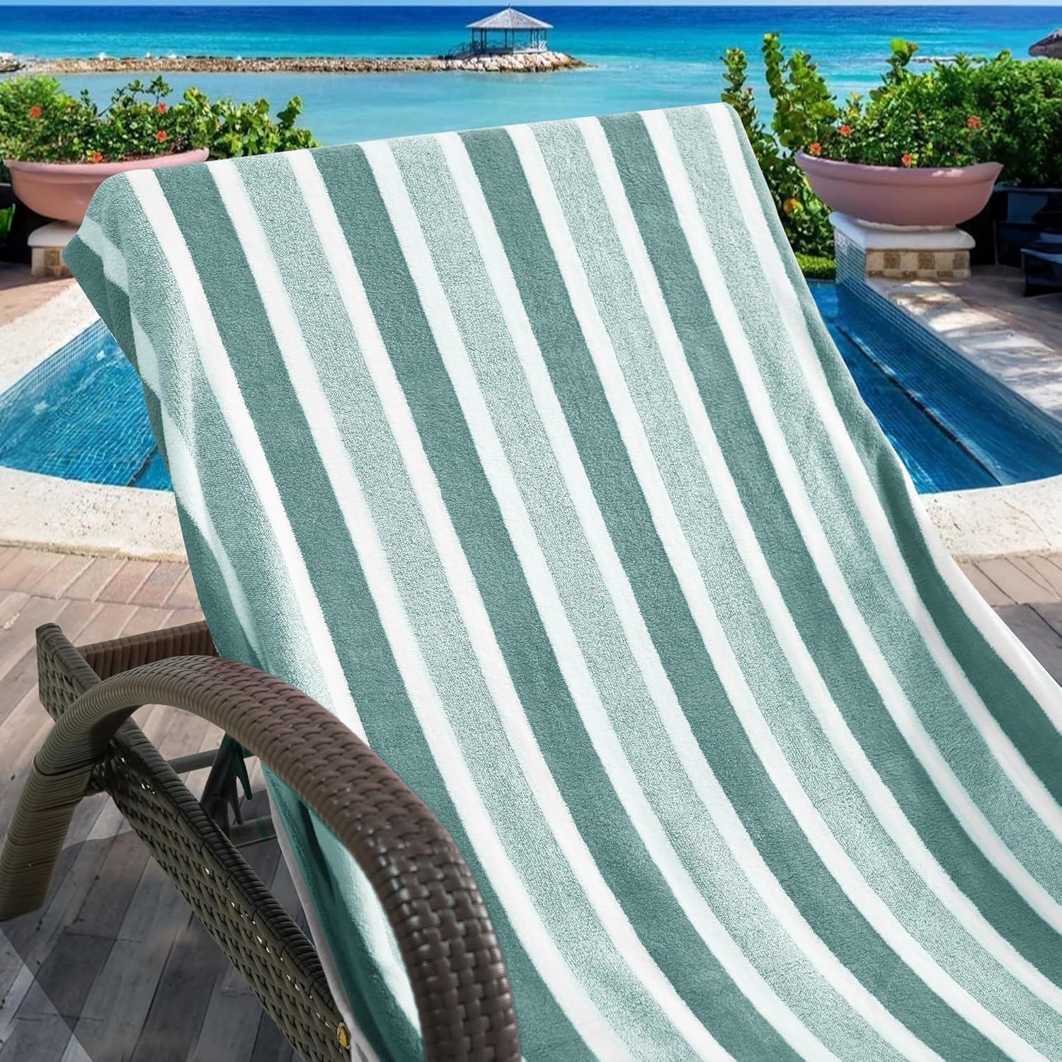 Lounge Chaise Chair Towel Cover - 1 Pc Ultra Plush & Absorbent Micro Fleece Towel Cover for Pool,Beach,Outdoor(Garden,Courtyard) | Faster Drying, Non-Slip, 2 Side Pockets | 85" x 30" - Green