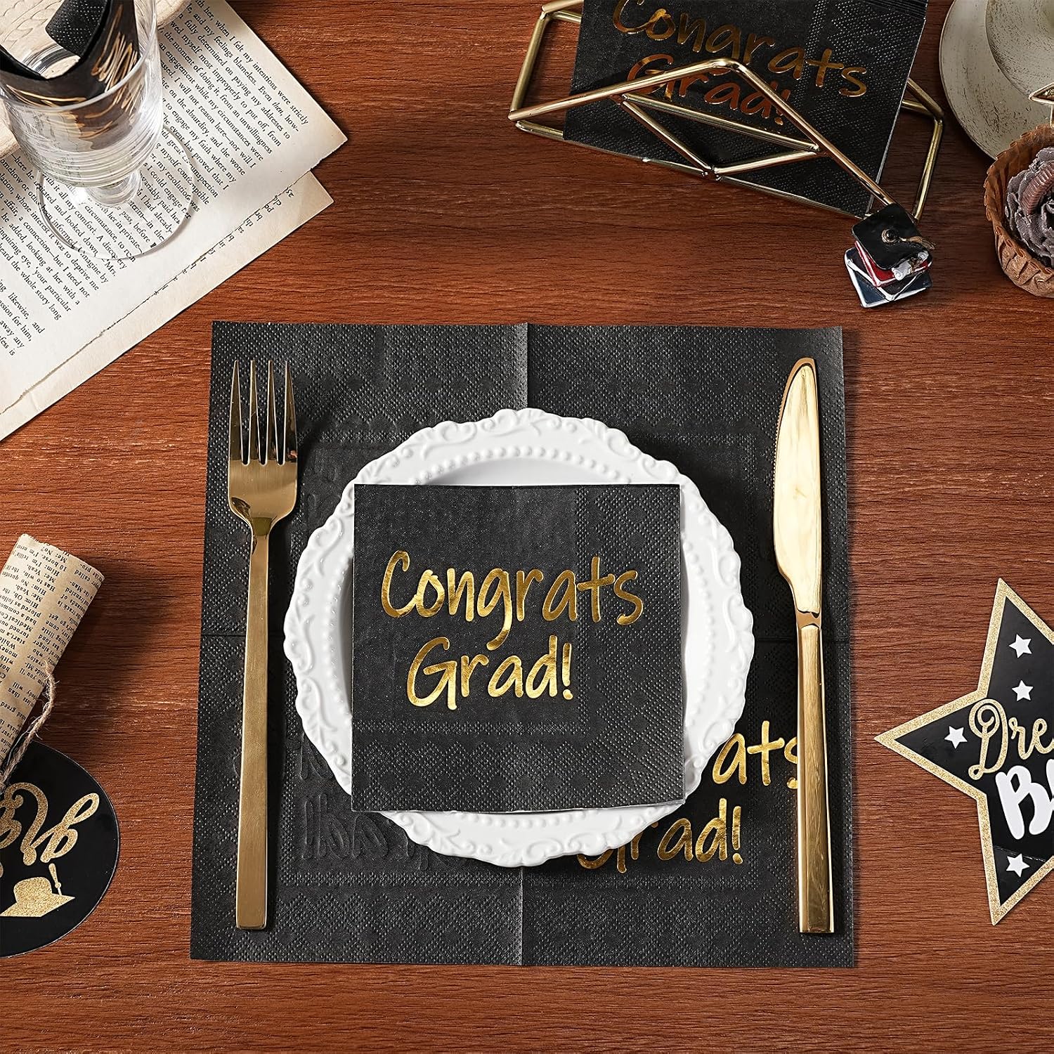 WRAPAHOLIC 25Pcs Graduation Cocktail Napkins - 3-Ply Black Gold Foil Congrats Grad Disposable Paper Napkins for Graduation Party Tableware Party Supplies - 5 x 5 In