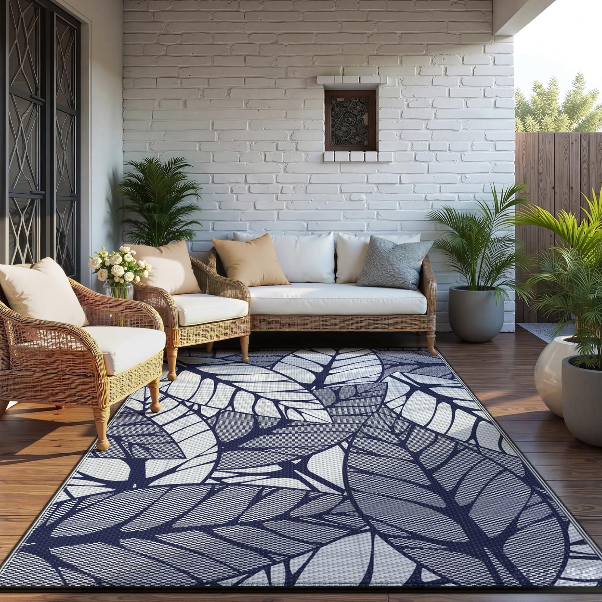 GENIMO Outdoor Rug 180x270cm, Large Botanical Leaf Waterproof Reversible Garden Rug, Washable Patio Carpet, Recycled Plastic, Modern Outside Mat for Out Door, Backyard, Blue and White