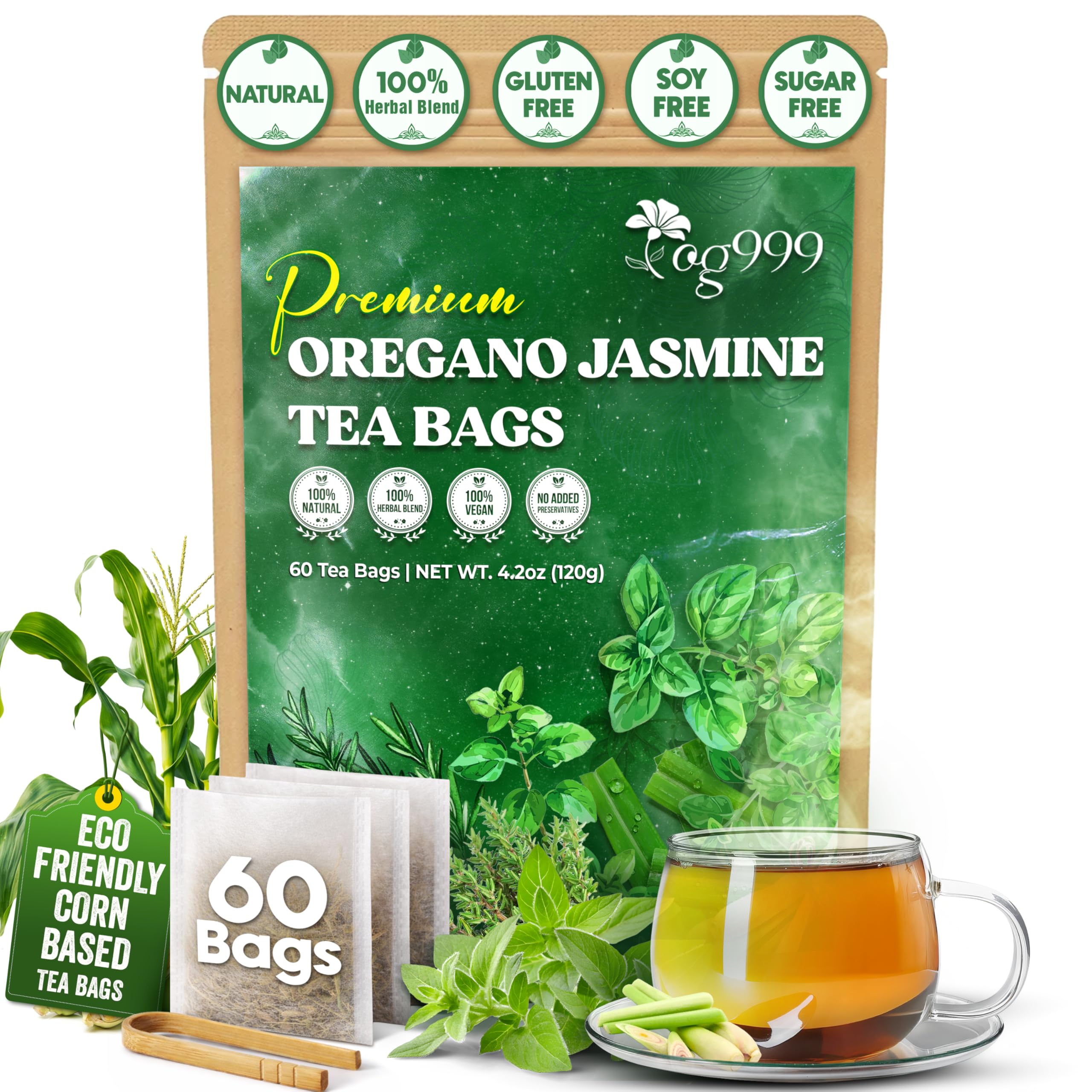 TOG999 Oregano Herbal Tea Bags, Thyme & Lemongrass, Caffeine-Free, 60 Count Oregano Herbal 60 Count