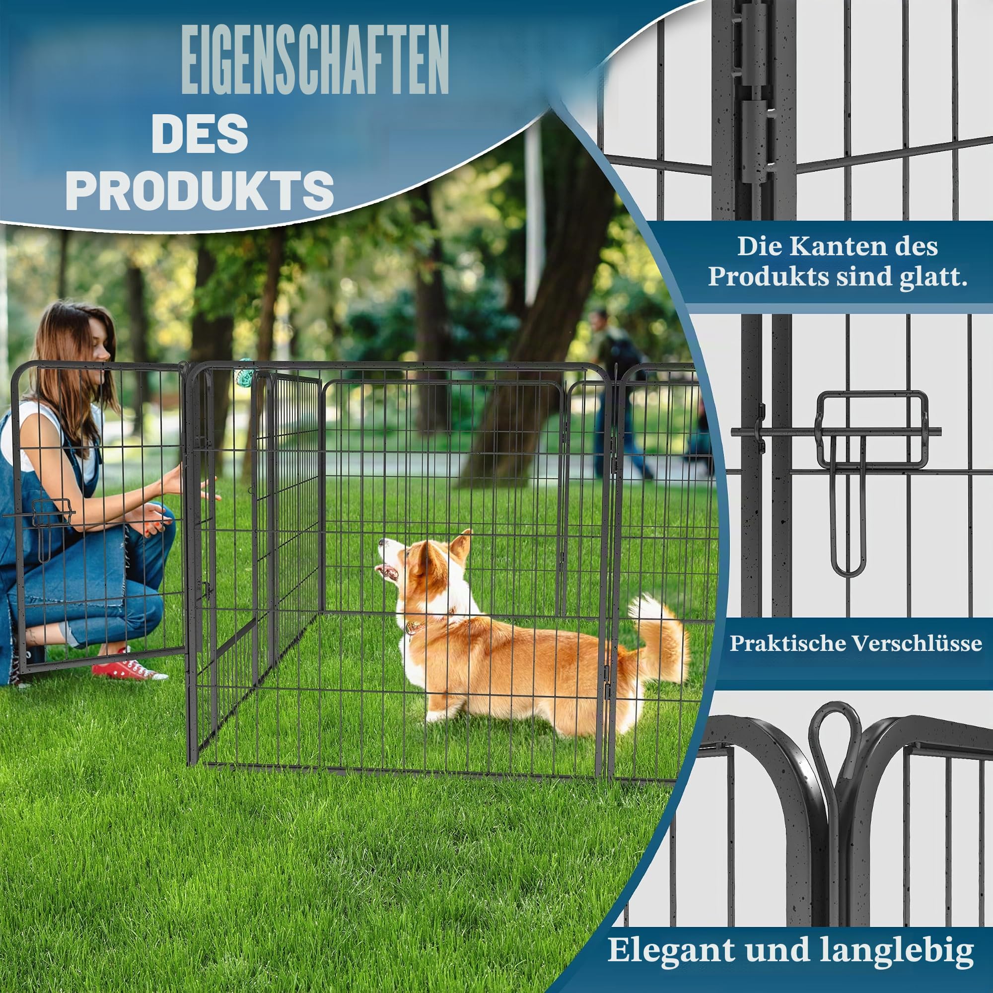 Zaun für Hunde, Set mit 8 Klappbaren Paneelen (80L x 60H cm)