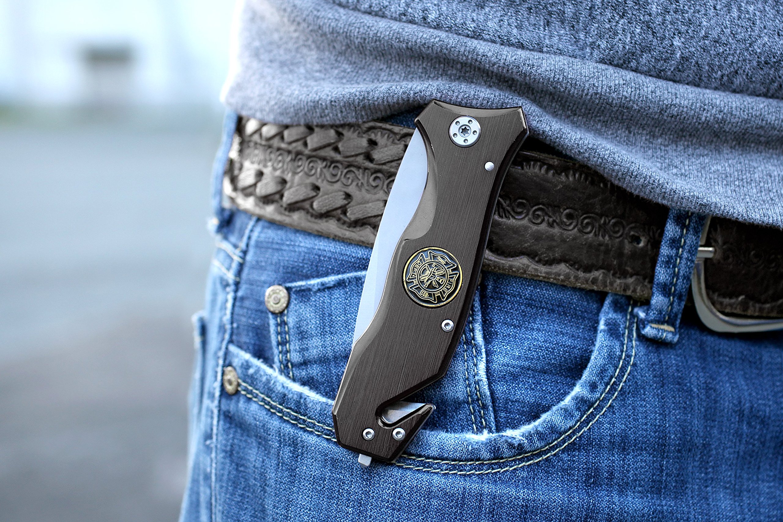kwb cuchillo de rescate con cortador de cinturón y rompecristales, extra afilado, cuchillo de emergencia con hoja de 90 mm