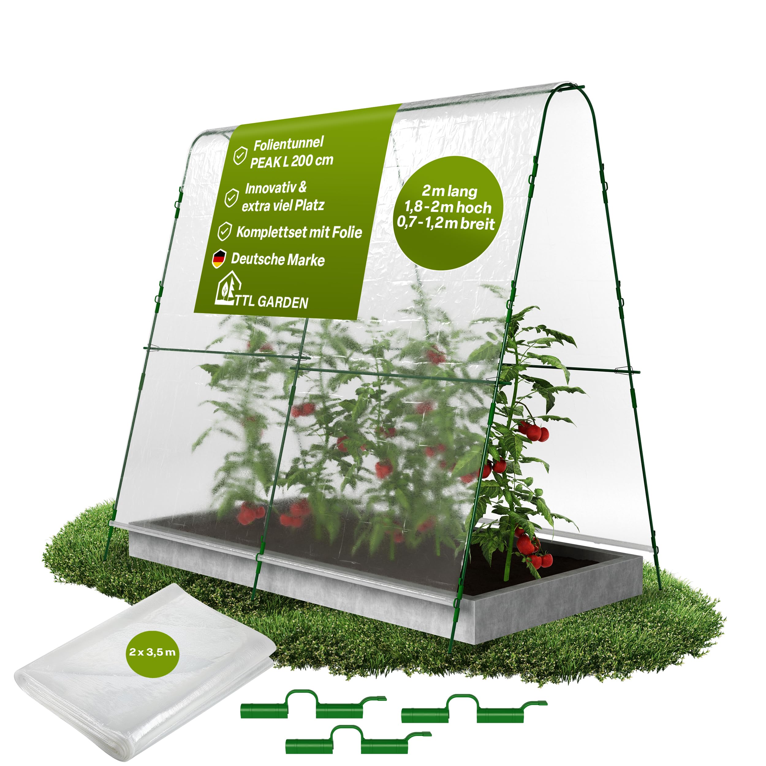 TTL GARDEN Peak L 200 Folientunnel & Tunnelbogen - Pflanztunnel mit Folie, Beetabdeckung für große Pflanzen 2m hoch, 1,20m breit, 2m lang, Folien Tunnel Bögen System, Stahl rostfrei Tomaten Bohnen