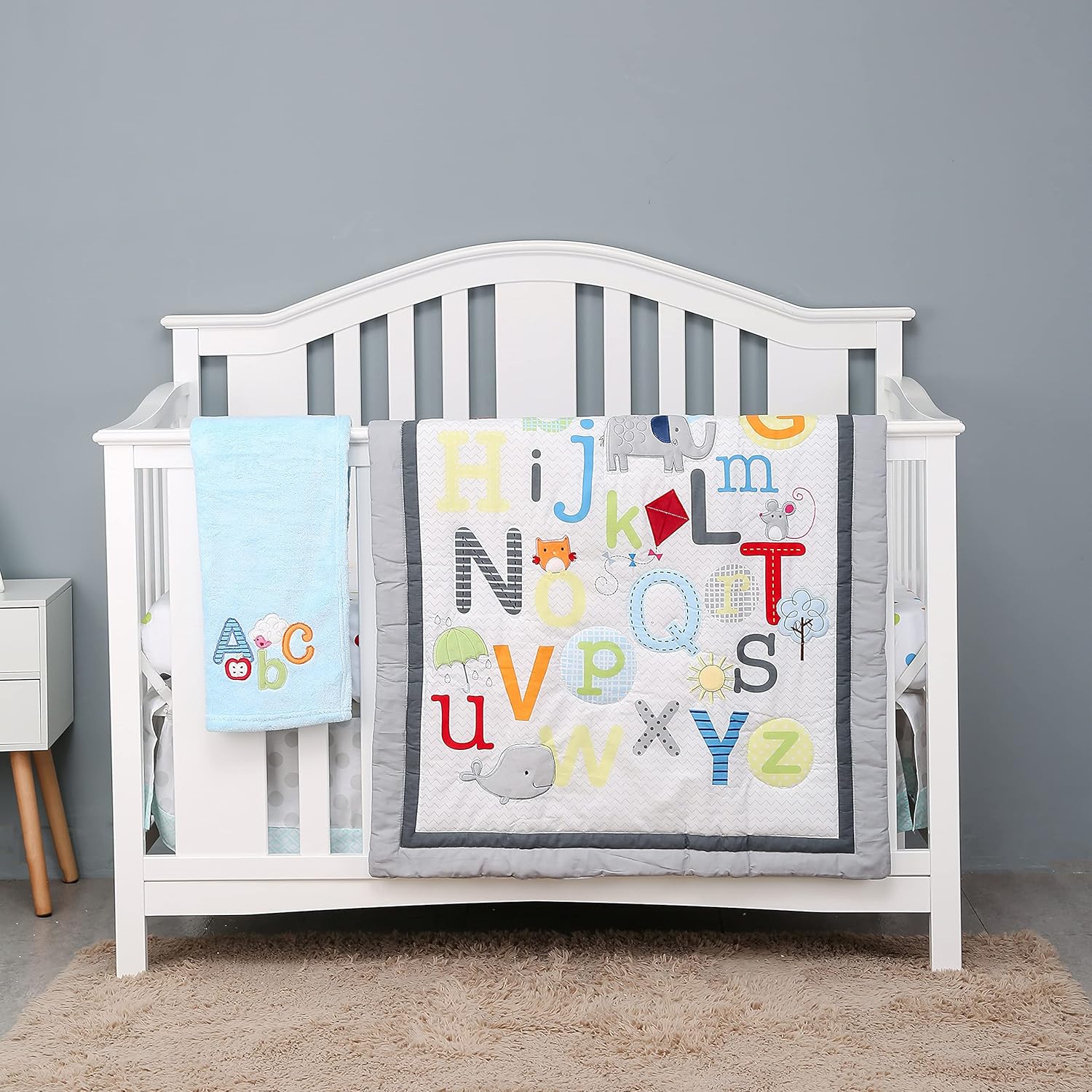 4 PCs Blue Grey Animal Theme Nursery Crib Bedding Set Alphabet Phonics Animal Theme Unisex Baby Bedding Set