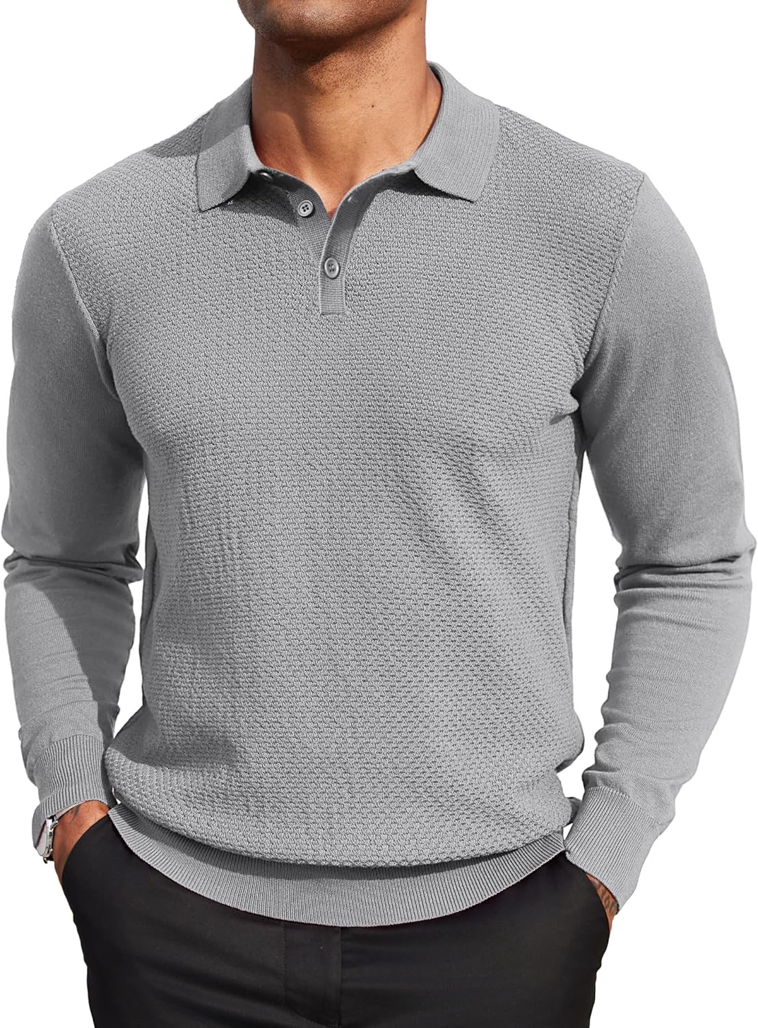COOFANDY Men's Knit Polo Sweater Long Sleeve Casual Collared Quarter Button Golf Waffle Textured Sweater