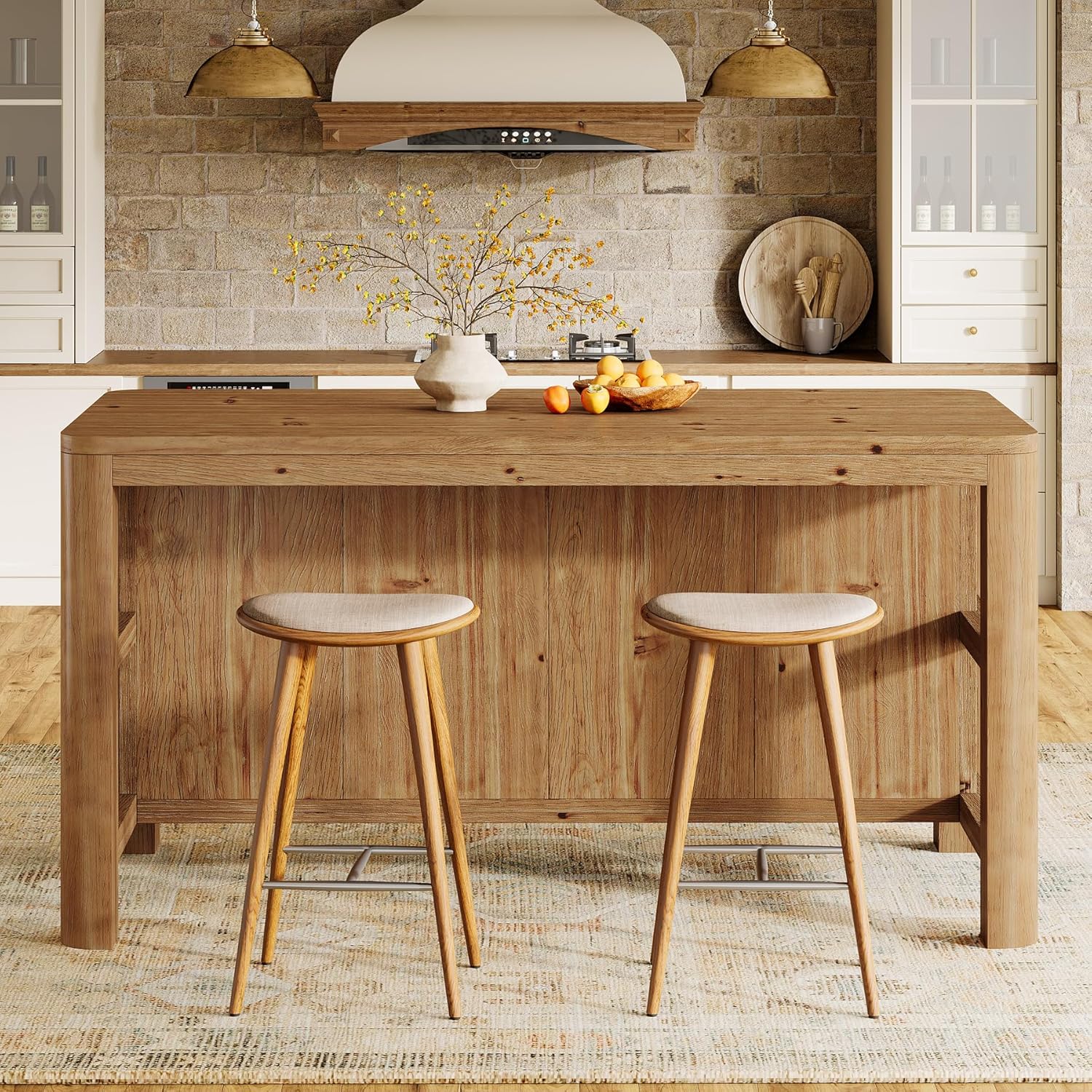63-Inch Solid Wood Kitchen Island with Storage Shelves, Farmhouse Island Table with Seating, Counter Height Bar Table for Dining Room, Kitchen, Easy to Assemble