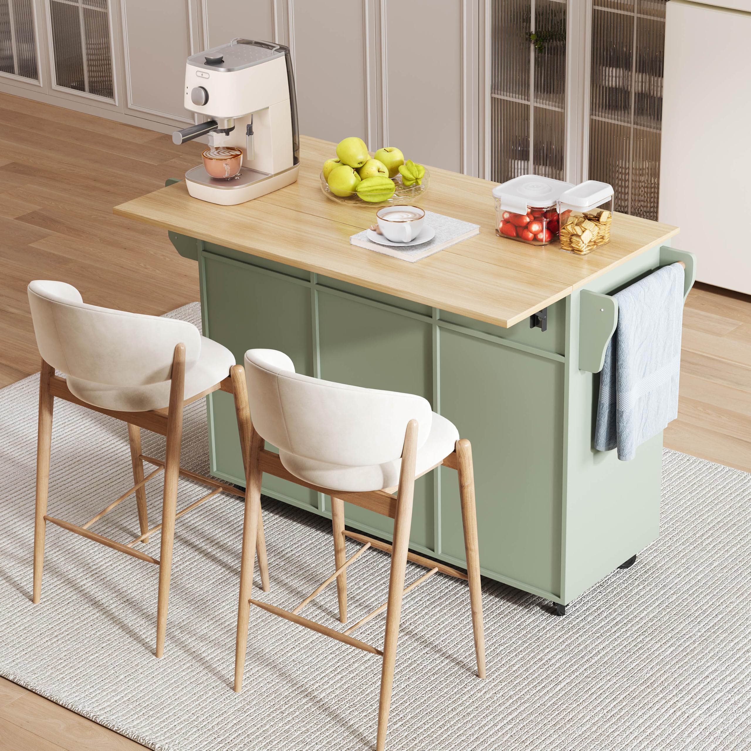Shye Carrello da pranzo/credenza, corpo verde, piano di lavoro effetto legno, piano di lavoro pieghevole, porta portaoggetti, ruote, piedini in legno massiccio intercambiabili, 139 x 46 (71) x 91,5 cm