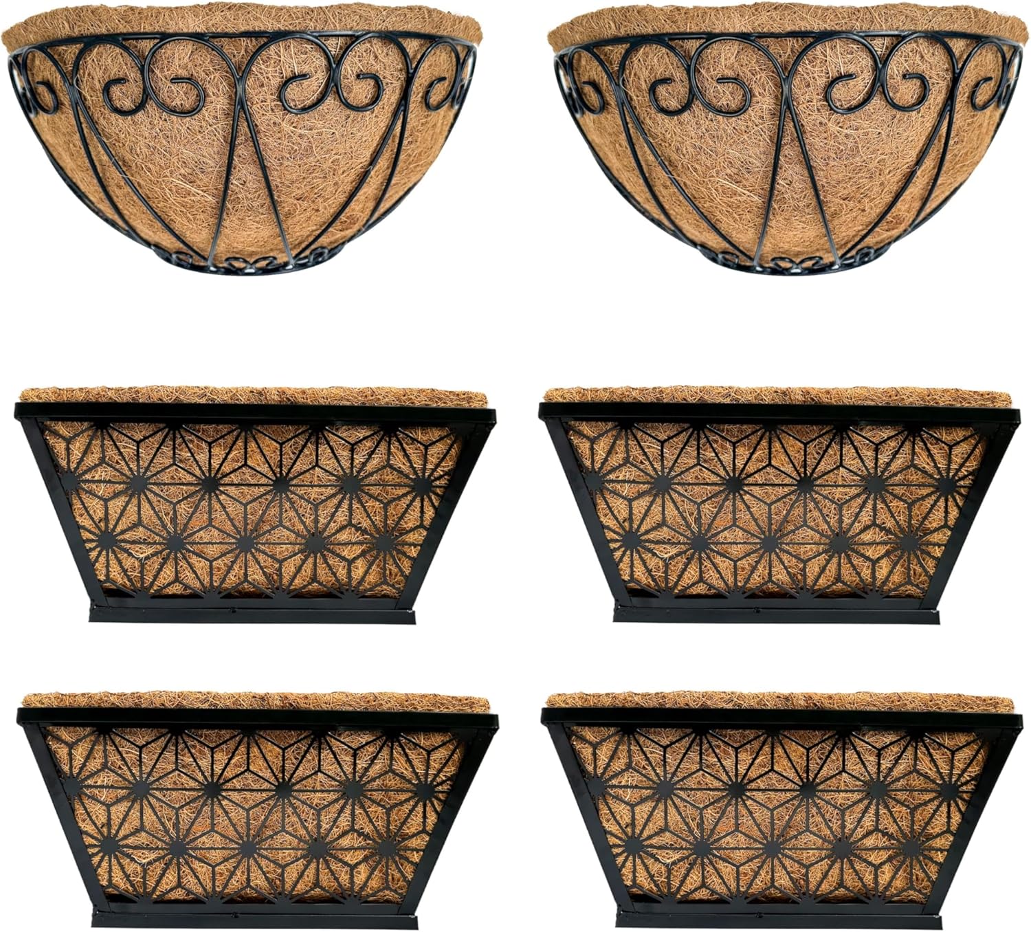 LaLaGreen Bundle- 2 Pack, 14 Inch Hanging Metal Basket + 4 Pack, 12 Inch Rectangular Metal Basket Black Wall Mounted Flower Pot Plant Trendy Holder Balcony Porch Fence Railing Deck Patio Home Decor