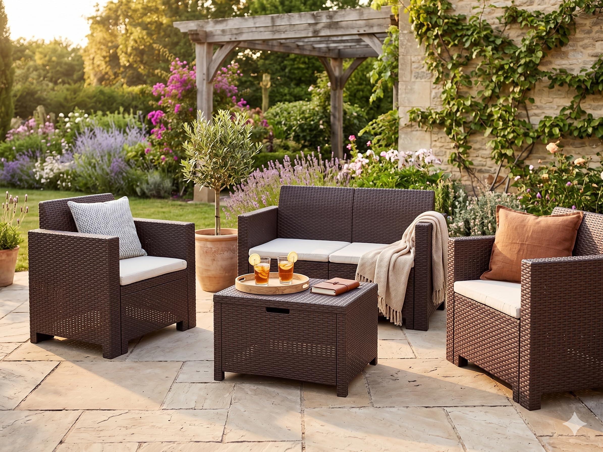BERARDI Salon de jardin en polypropylène rotin, marron, 4 places, avec coussins, canapé, 2 fauteuils et table basse de rangement