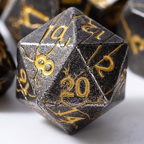 DND - Dados de metal, dados de metal agrietado gris hierro envejecidos antiguos, juego de dados poliédricos para dados RPG D&D con grietas, juego de
