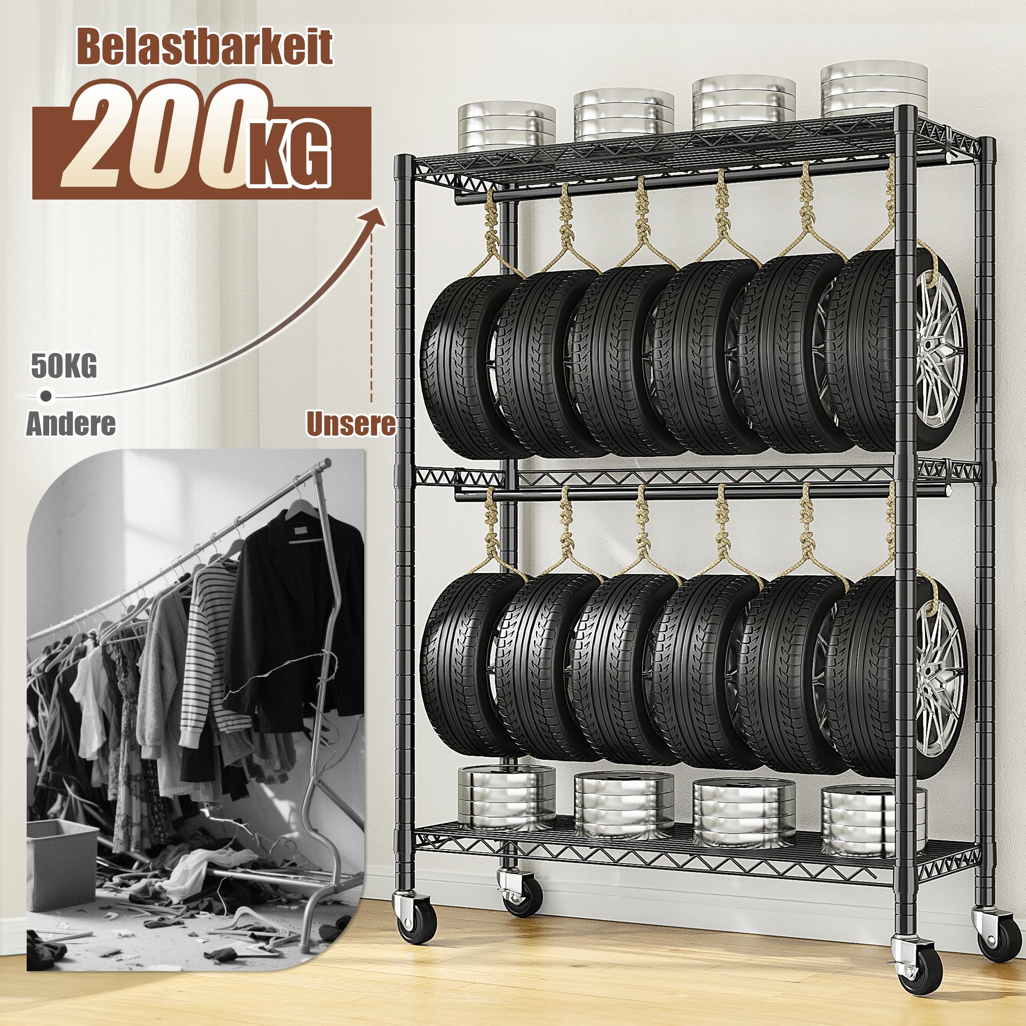 Höhenverstellbarer Kleiderständer auf Rollen mit 2 Kleiderstangen | 90 * 40 * 200cm, Höhe frei einstellbar,200KG Traglast, Kleiderständer mit verstellbare Ablageplatte für Kleidung,Schwarz