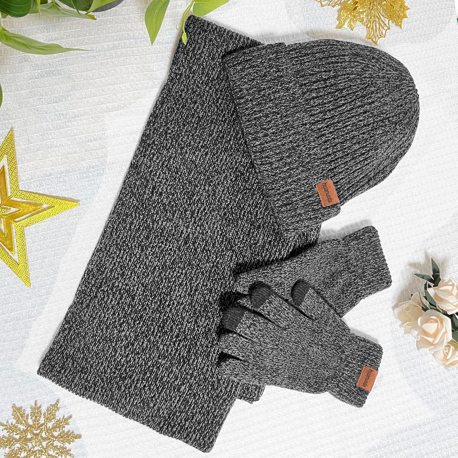 3PCS Winter Beanie Hat Scarf Touchscreen Gloves Set for Men and Women, Knitted Fleece Lined Hats Thermal Gloves Long Scarf - Image 6