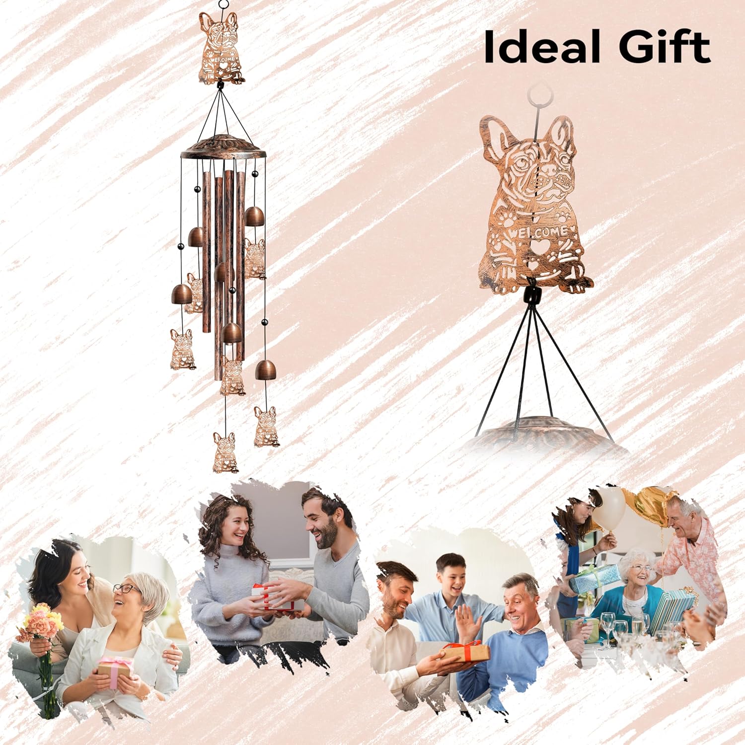 French Bulldog Wind Chimes for Outside, Decorative Wind Chimes French Bulldog Gifts for Women, Memorial Windchimes Outdoors with S Hook for Patio Garden Decor, Birthday Gifts for Mom Grandma （Copper） - Image 6